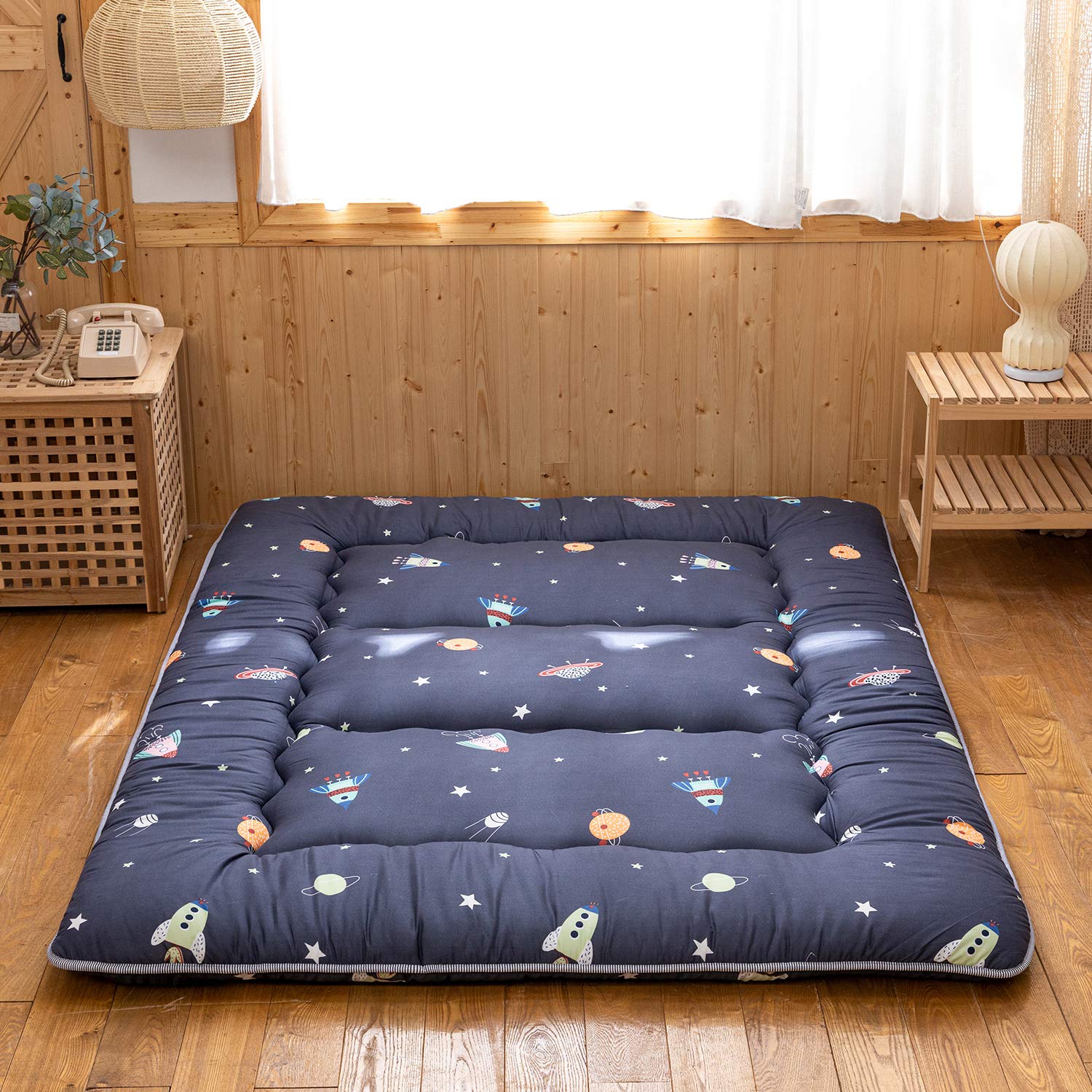YOSHOOT Navy Blue Japanese Thick Foldable Futon Floor Mattress for Adults - Full Size Space Saving Floor Bed with Canvas Storage Bag - Perfect for Camping, Guest Beds & Small Apartments