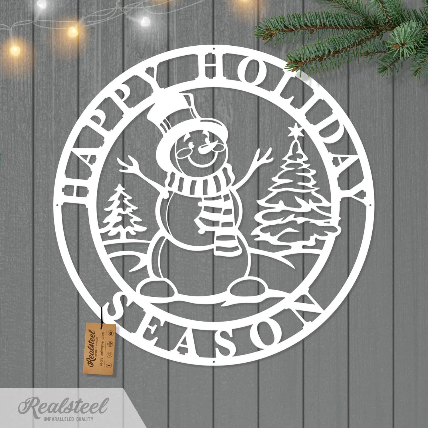 RealSteel Metal Wall Art - Happy Holiday Season Snowman Sign - Christmas Wall Decor, Snowman Artwork - Holiday Winter Decoration - 24