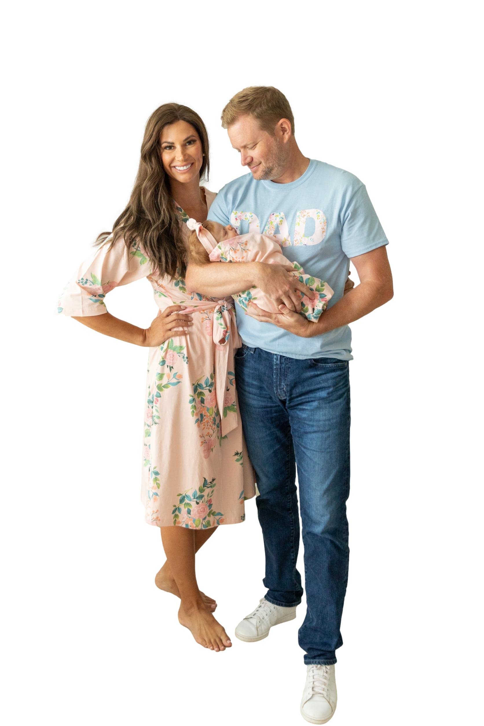Baby Be Mine Maternity Nursing Delivery Robe & Baby Girl Swaddle Blanket Set with Daddy T-Shirt - Soft Hospital Gown for New Moms, Newborn Swaddle & Matching Dad Shirt for Family Photo Shoots & Birth Announcements