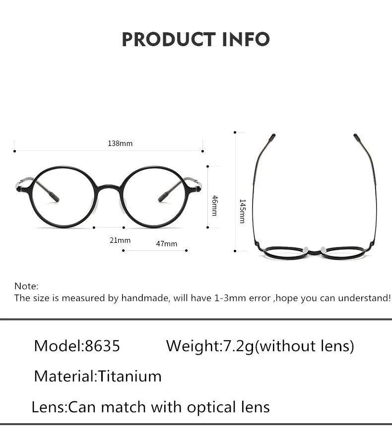 Aimee Unisex Full Rim Round Titanium Acetate Eyeglasses 8635 - Lightweight Durable Glasses for Men & Women - Perfect for Reading, Work, and Everyday Wear