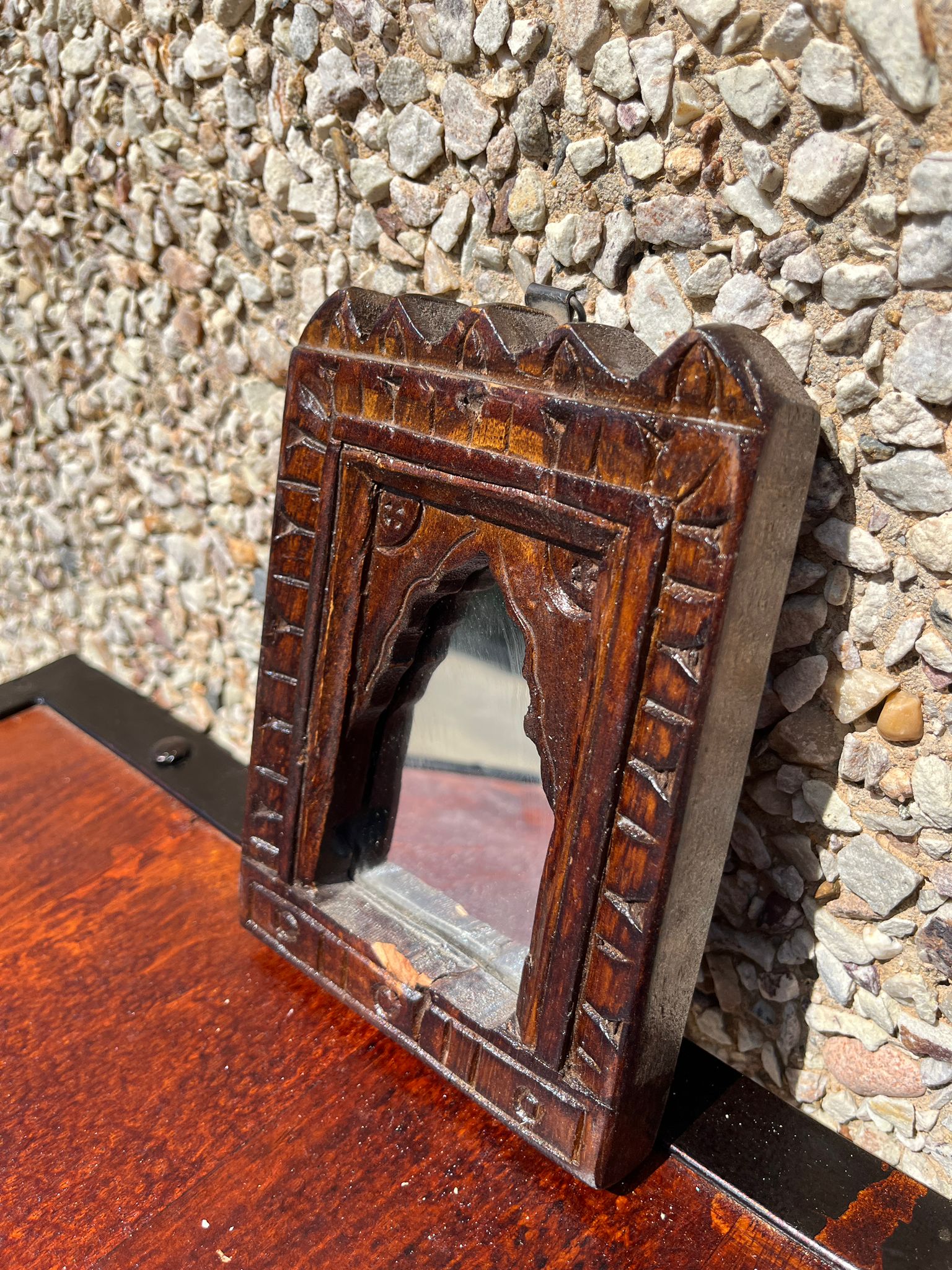 Hand Carved Indian Solid Wood Temple Mirror - Brown 112 - Elegant Wall Decor for Living Room, Bedroom & Meditation Space
