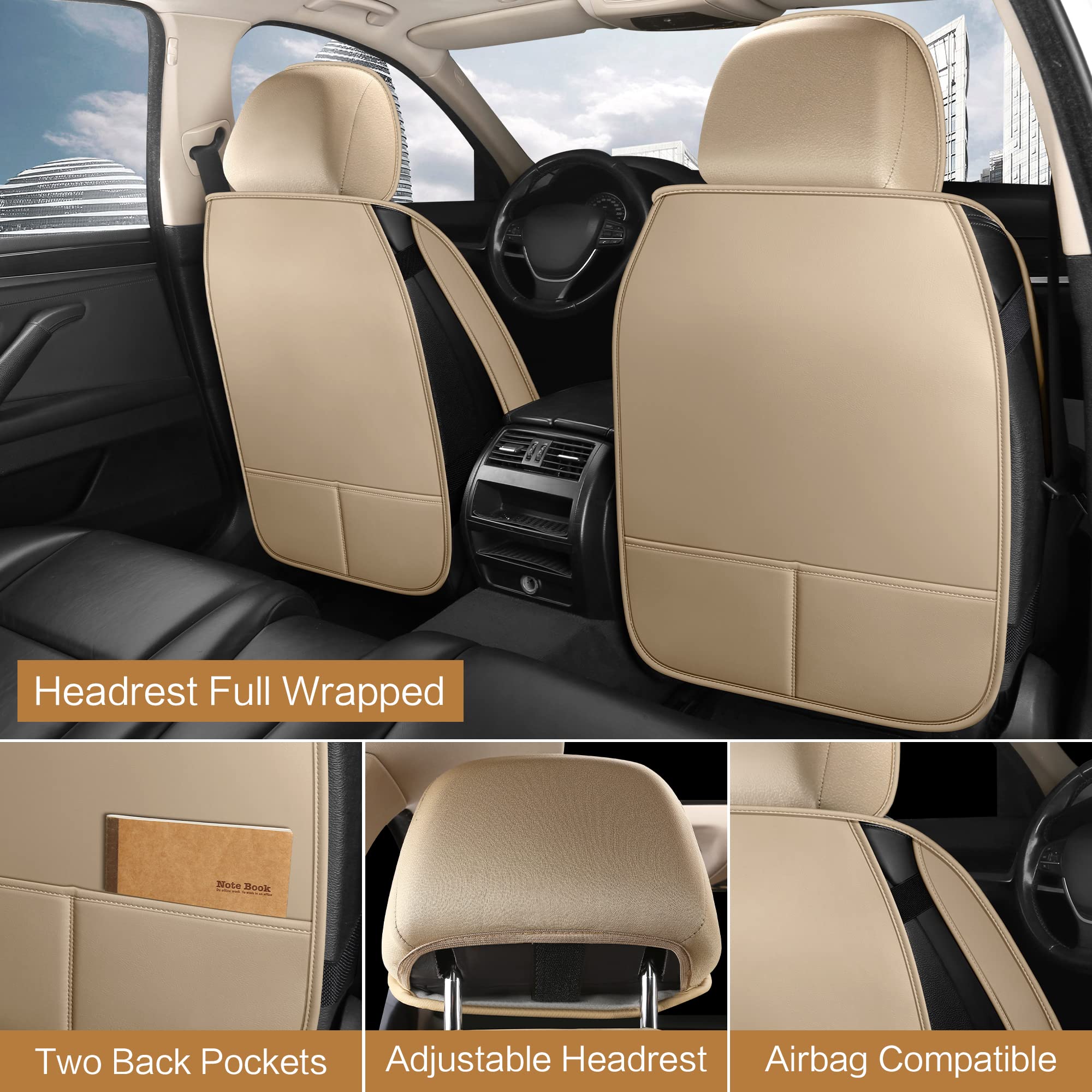 Premium Waterproof Faux Leather Car Seat Covers Front Set - Universal Fit for Most Sedans, Trucks & SUVs - Non-Slip Auto Interior Protection - Beige | Ideal for Daily Commute, Road Trips & Pet Owners