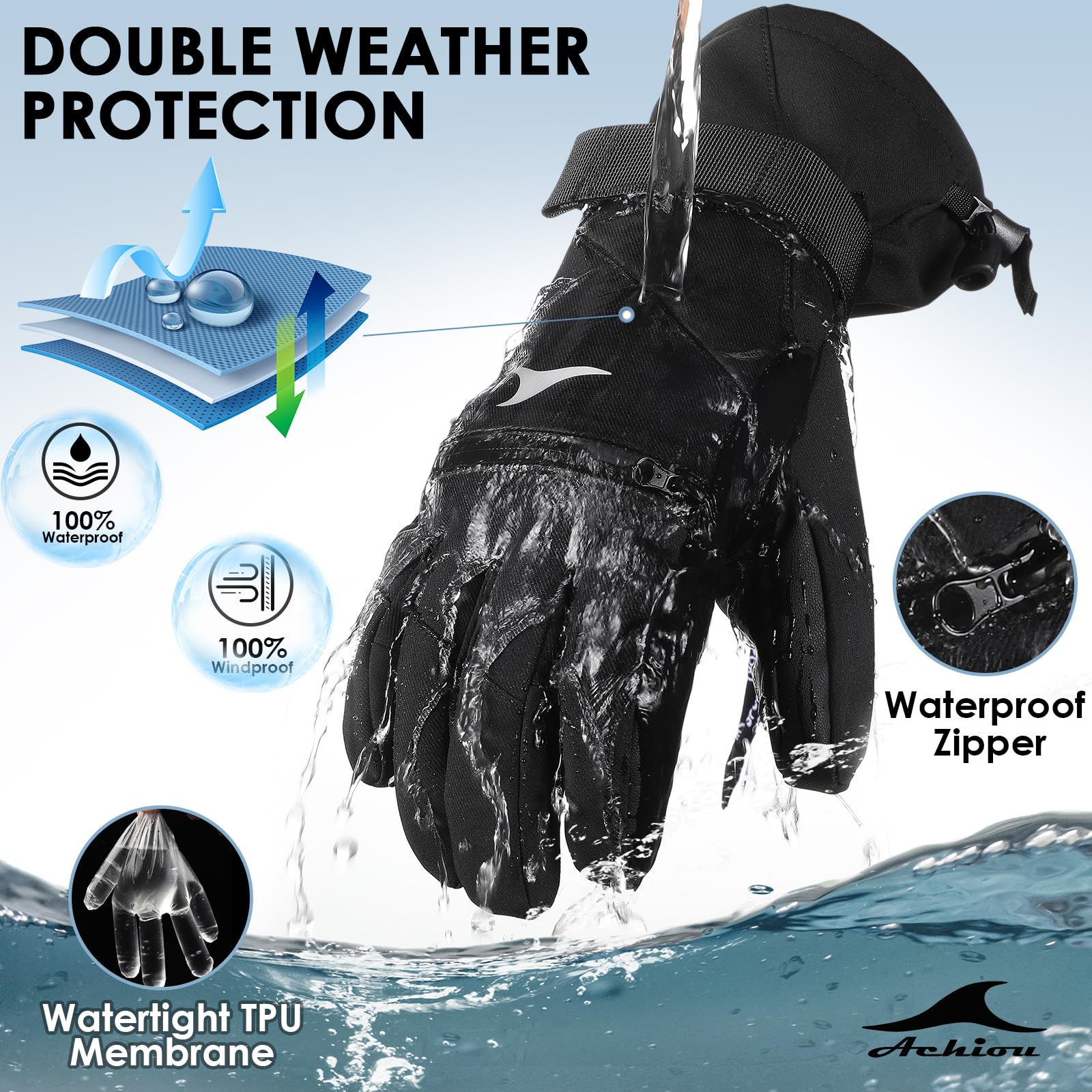 Achiou Waterproof Touchscreen Ski Gloves for Men & Women - Winter Cold Weather Snow Mittens for Skiing, Snowboarding & Outdoor Activities