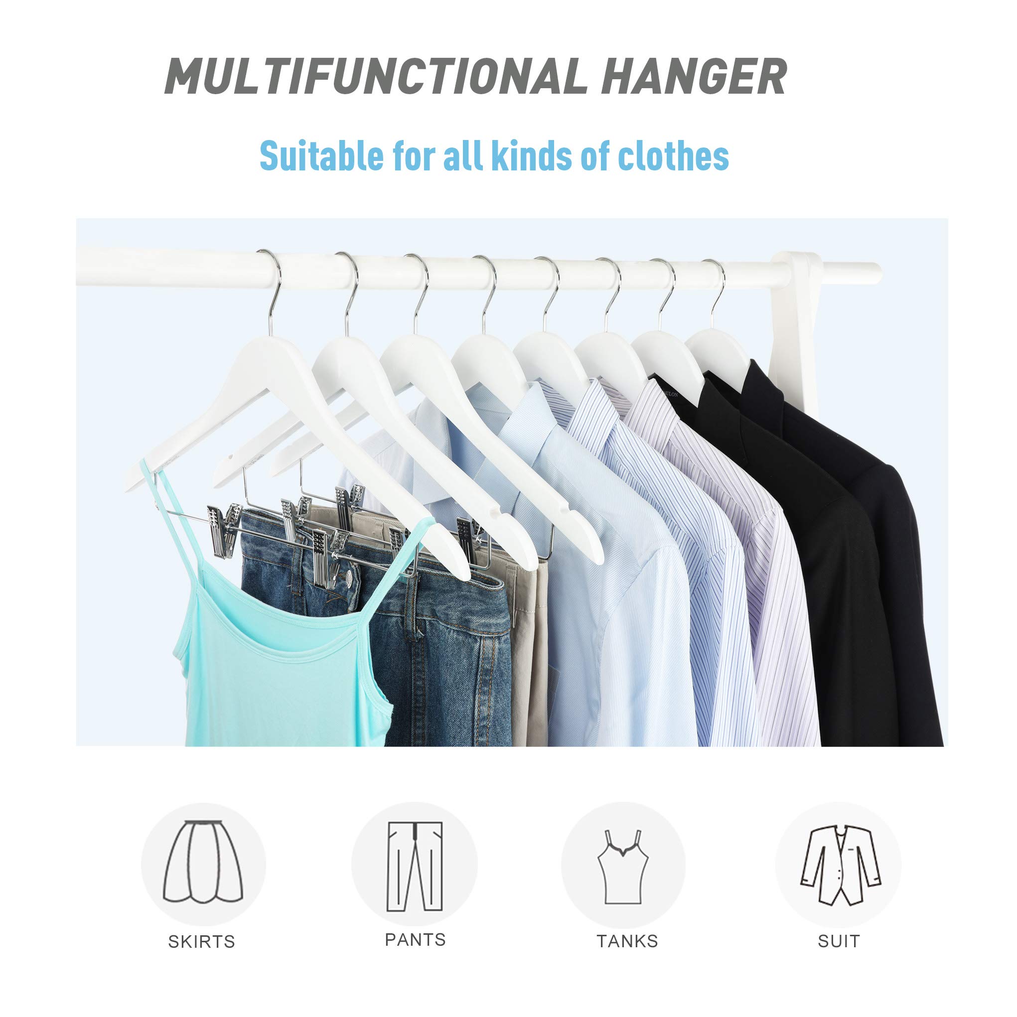 Premium Wooden Suit Hangers with Adjustable Metal Clips - 20 Pack Smooth Solid Wood Clothes Hangers, 360° Swivel Hook for Coats, Jeans & Blouses - Ideal for Closet Organization & Travel (White, CT28W20)