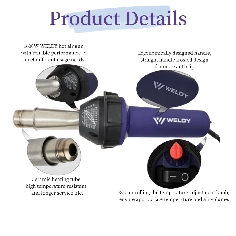 1600W Professional 110V Hot Air Gun - Weldy Heat Gun Set for Overlap Air Welding, Soldering & DIY Projects | Heavy-Duty Hot Blast Torch for Crafts, Shrink Wrapping & Home Repairs