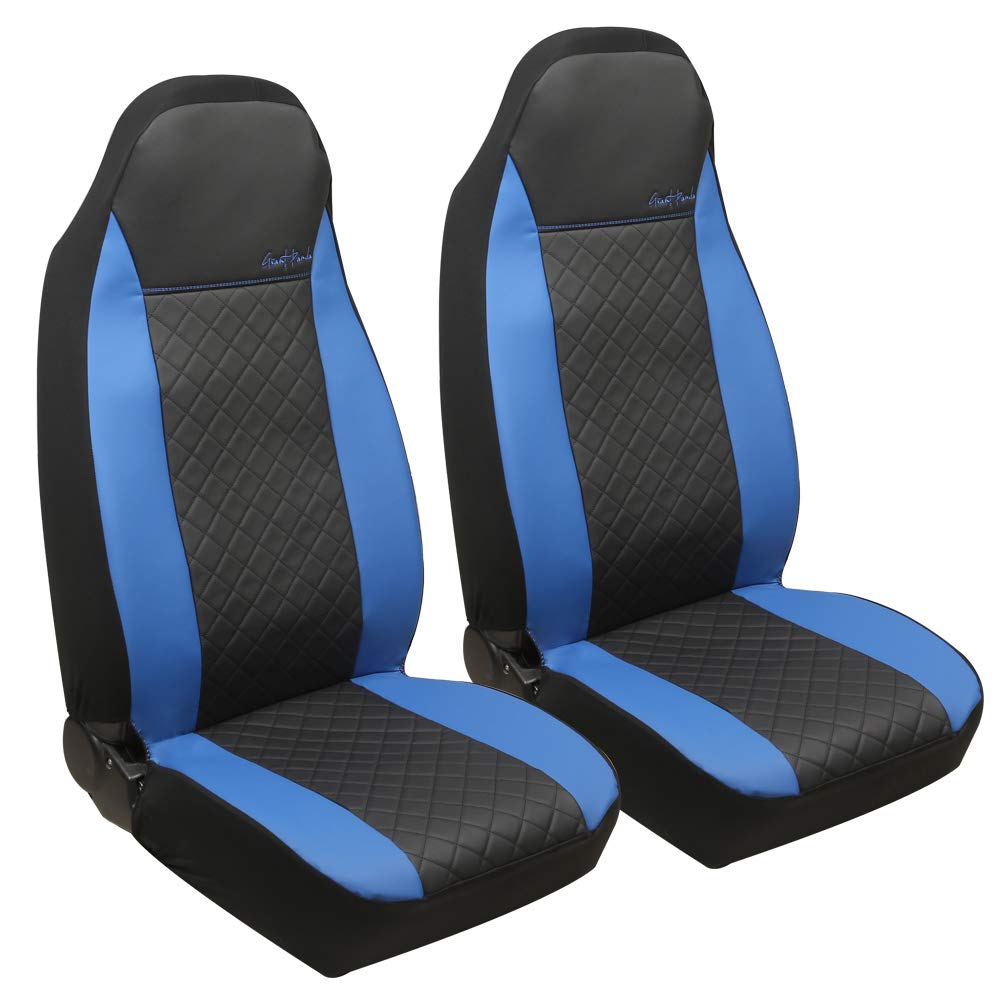 Premium Giant Panda Front Car Seat Covers - Leather High Back Bucket Seat Protectors for Cars, Trucks, SUVs, Jeep, Van & Pickup | Airbag Compatible (Black & Blue) | Perfect for Daily Commute, Road Trips & Off-Road Adventures