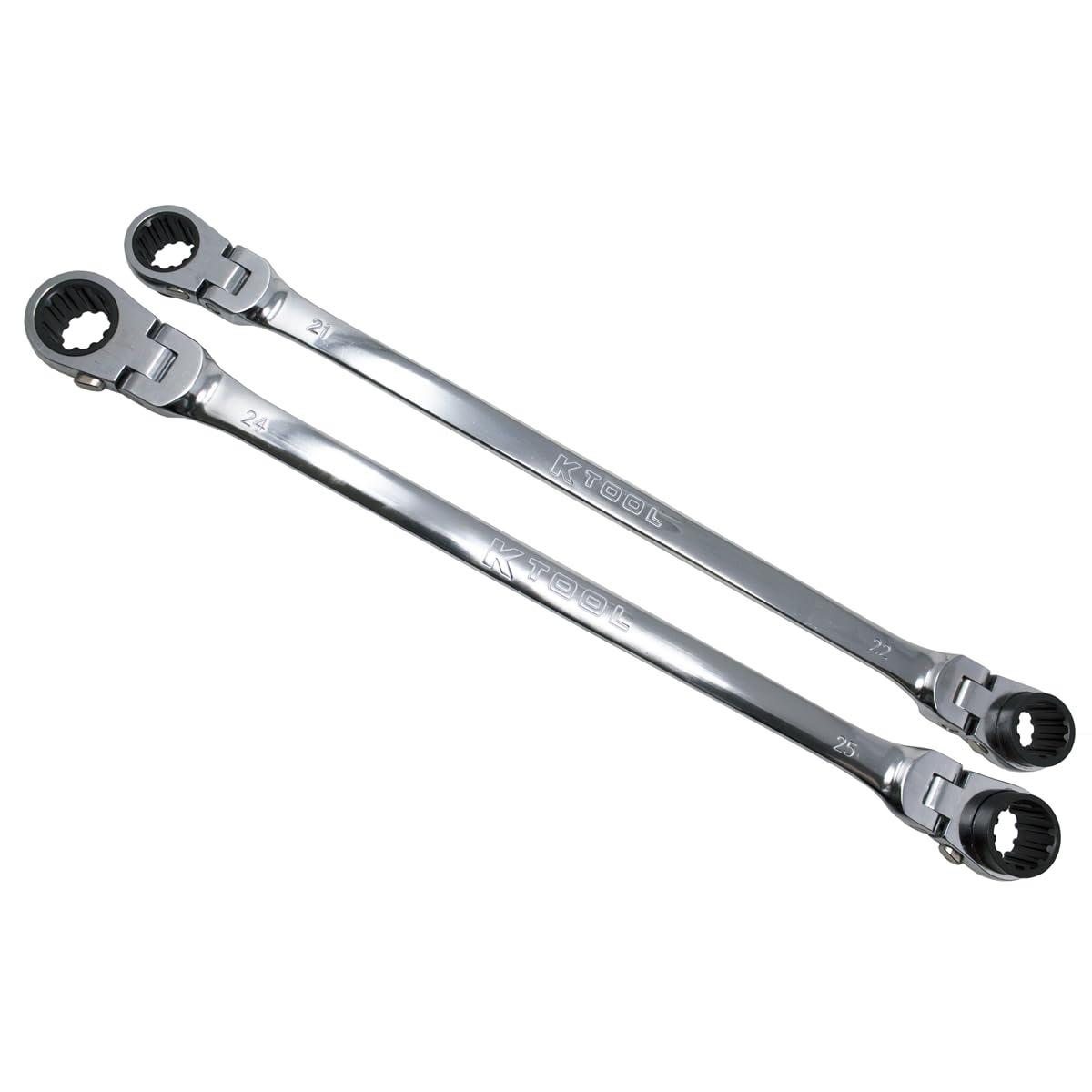 K Tool International XDDBM4 2-Piece Metric Reversible Double Box Ratcheting Wrench Set - 21, 22, 24, 25mm - 90 Tooth, 180° Flex Head, Universal Spline - Ideal for Automotive Repair, Garage, DIY Projects & Professional Mechanics