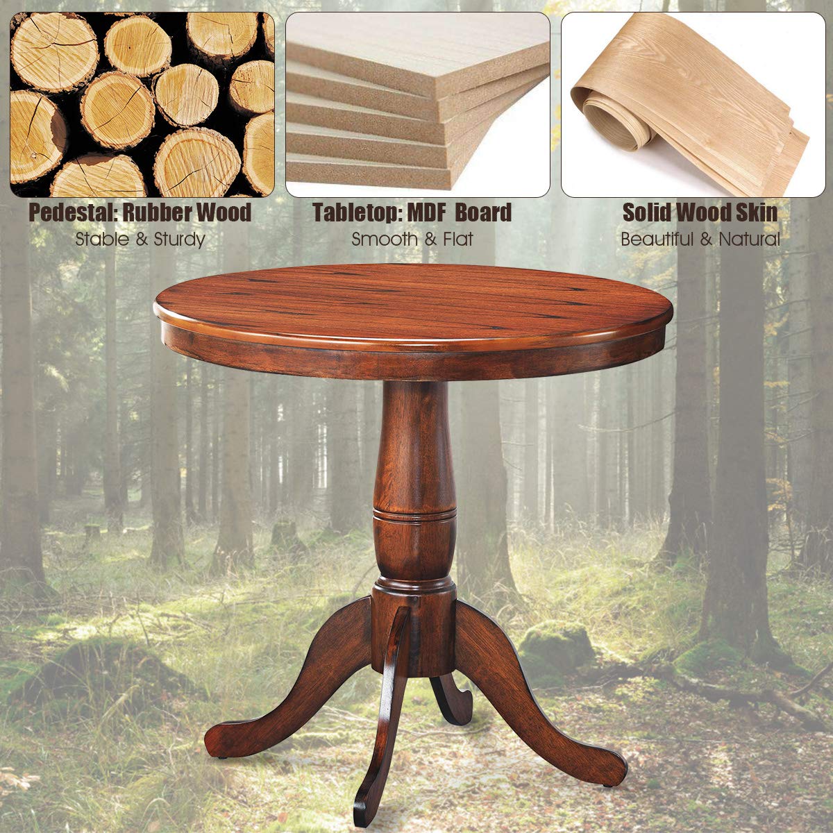 MIDDOW 32 Inch Round Dining Table - Solid Rubber Wood Pub Table with Smooth Edges & Foot Pads, Multi-Purpose Side Table for Kitchen, Restaurant, Cafe, Living Room (Walnut Finish, Model HW63397) - Perfect for Small Space Dining, Coffee Break, and Home Office Workspace