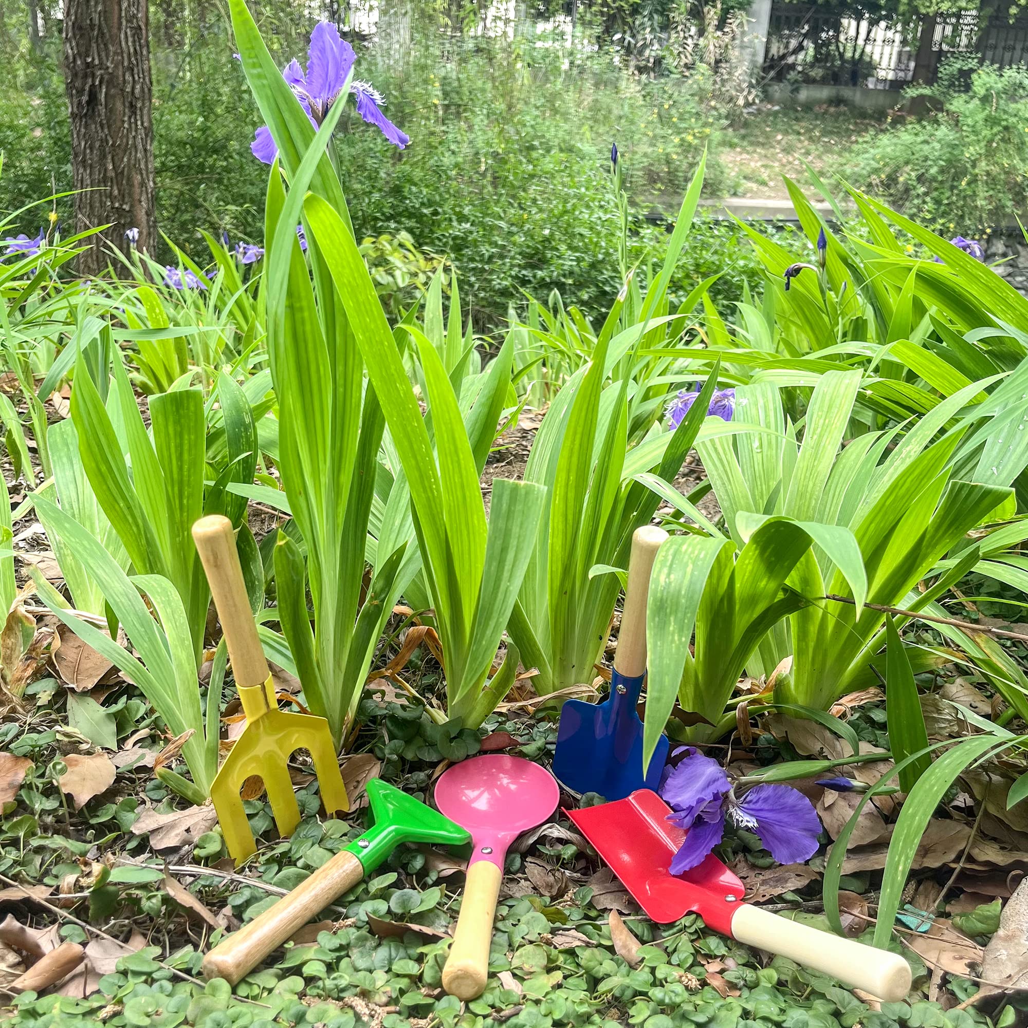 5PCS Kids Gardening Tools Set with Metal Head & Sturdy Wooden Handle - Safe Children's Garden Kit (8 Inch) for Outdoor Planting, Beach Sandbox Play & Educational Activities