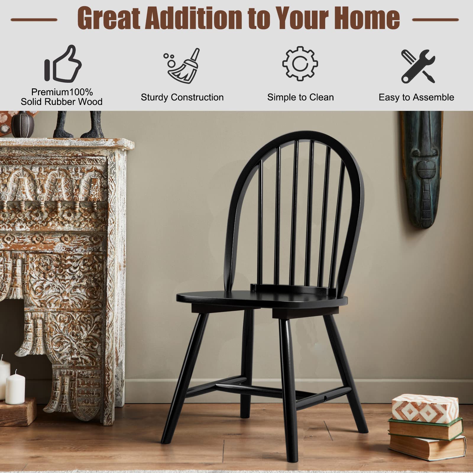 KOTEK Set of 2 Windsor Dining Chairs - Solid Wood Spindle Back Chairs with Wide Seat, Farmhouse Style Armless Side Chairs for Kitchen, Dining Room & Living Room - Perfect for Family Gatherings & Home Decor (Black)