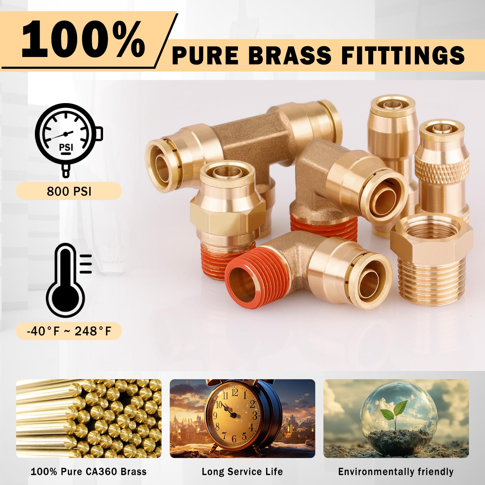CheeMuii 76 Pcs Brass DOT Air Line Fittings Kit - Push Lock & Quick Connect Air Hose Fittings with NPT Thread - Compatible with Pneumatic Tubing for Air Compressors, HVAC Systems & Industrial Applications