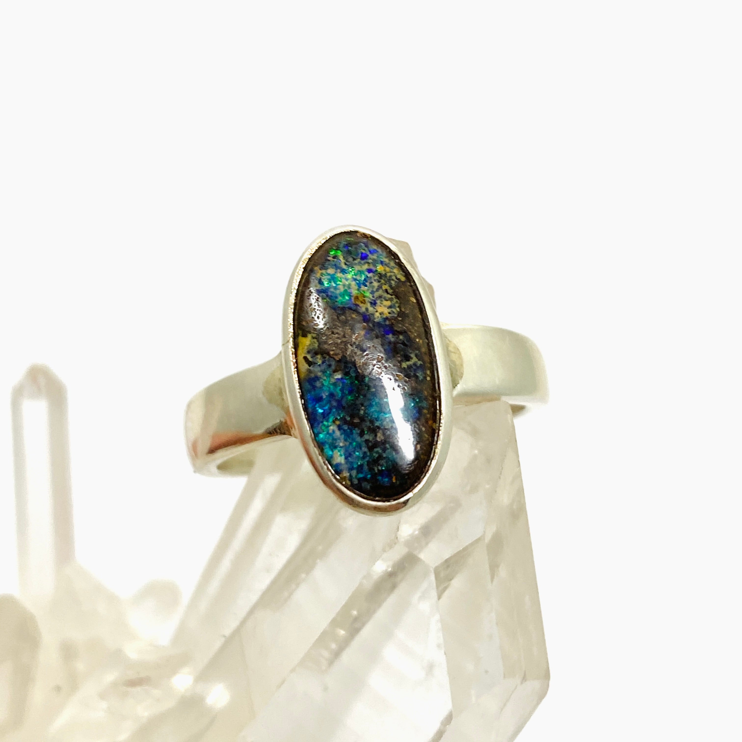 Boulder Opal Oval Cabochon Ring - Size 7.5 - PRGJ846 - Handmade Silver Jewelry for Women - Perfect for Weddings, Anniversaries & Special Occasions