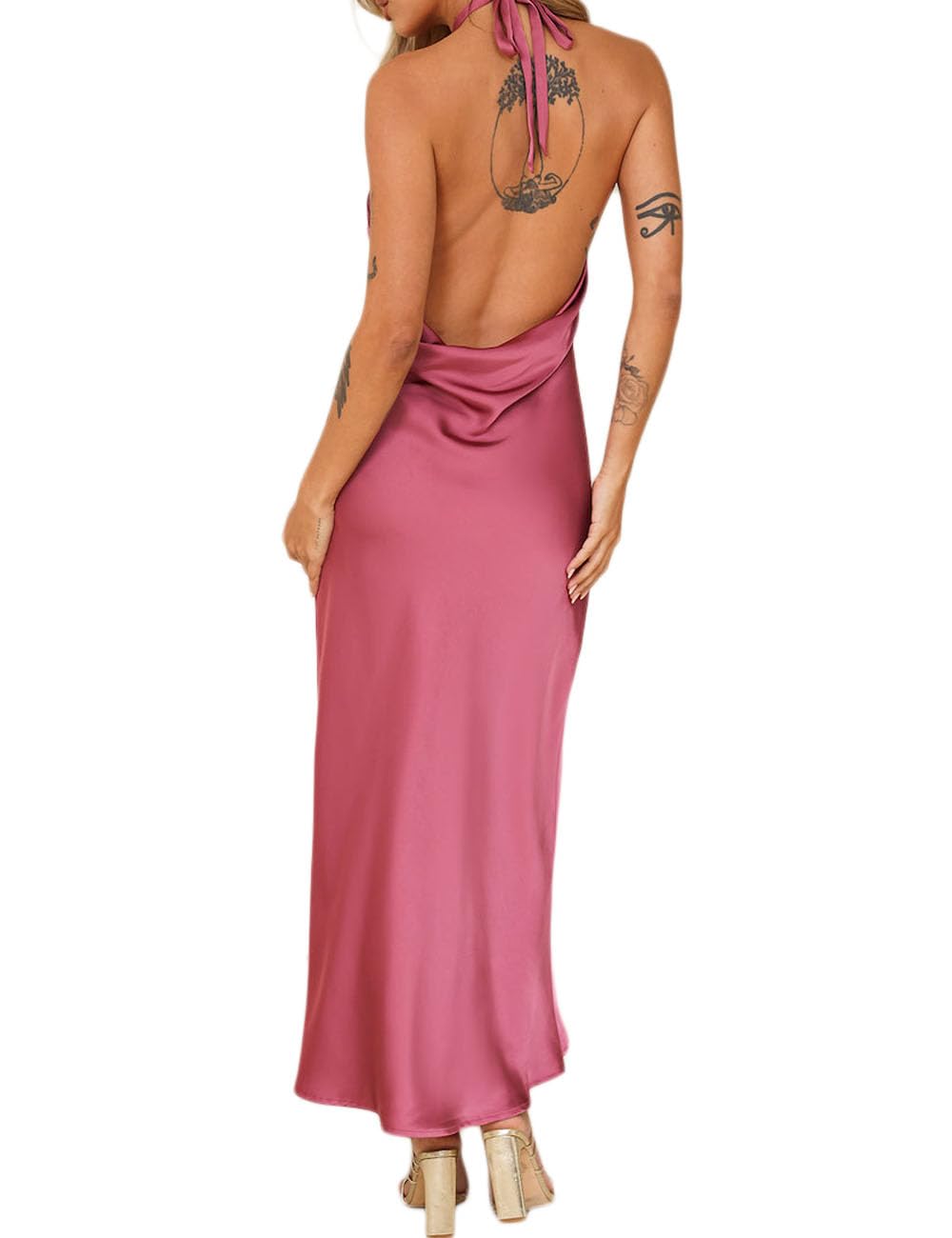 2025 Summer Satin Halter Neck Backless Slit Midi Dress - Elegant Cowl Back Ruched Wedding Guest Maxi Dress for Women - Perfect for Beach Parties, Cocktail Events & Formal Occasions