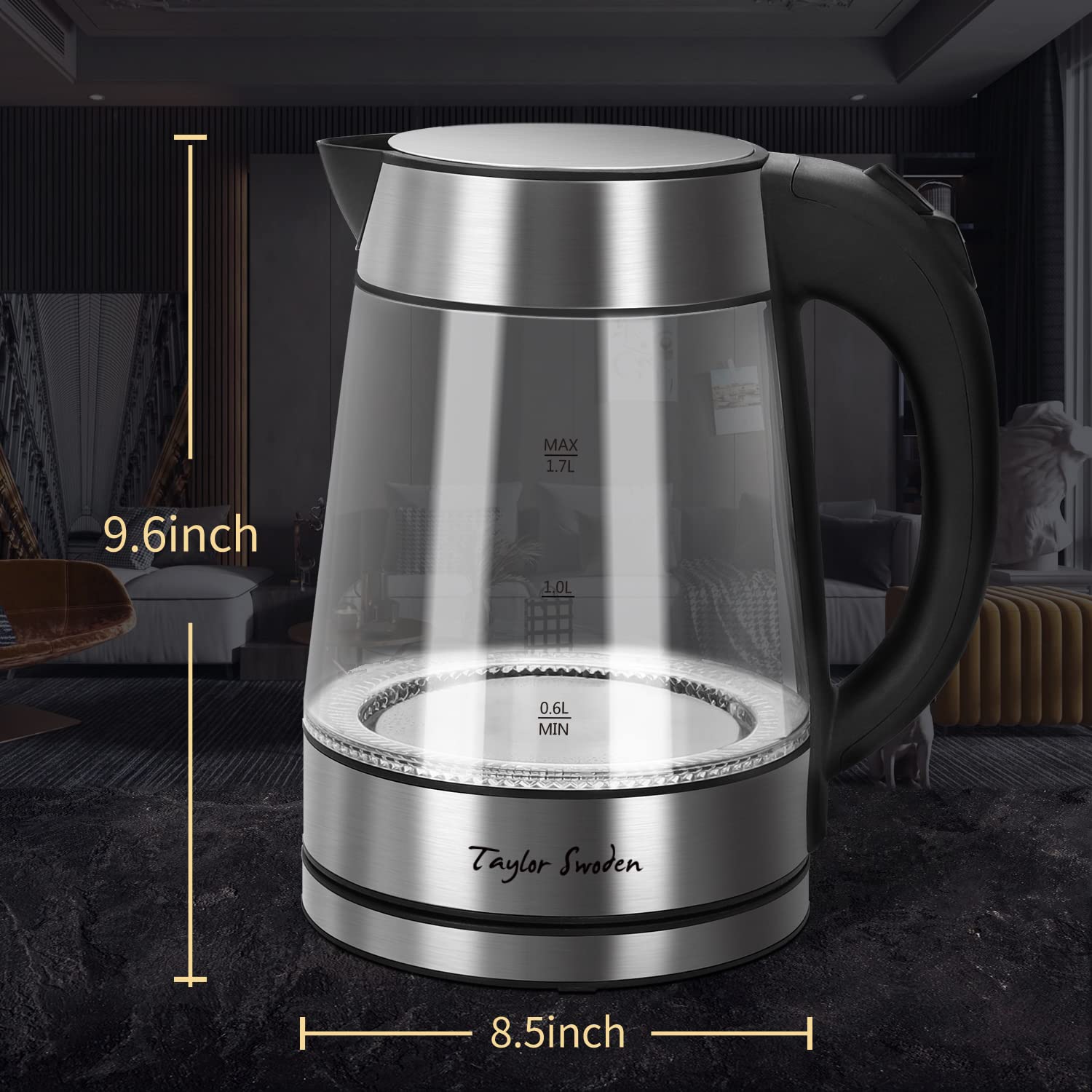 Taylor Swoden 1.7L Electric Glass Kettle - Fast Boiling Cordless Water Heater for Tea & Coffee with Auto Shut Off & Boil-Dry Protection - Perfect for Home, Office & Dorm Use