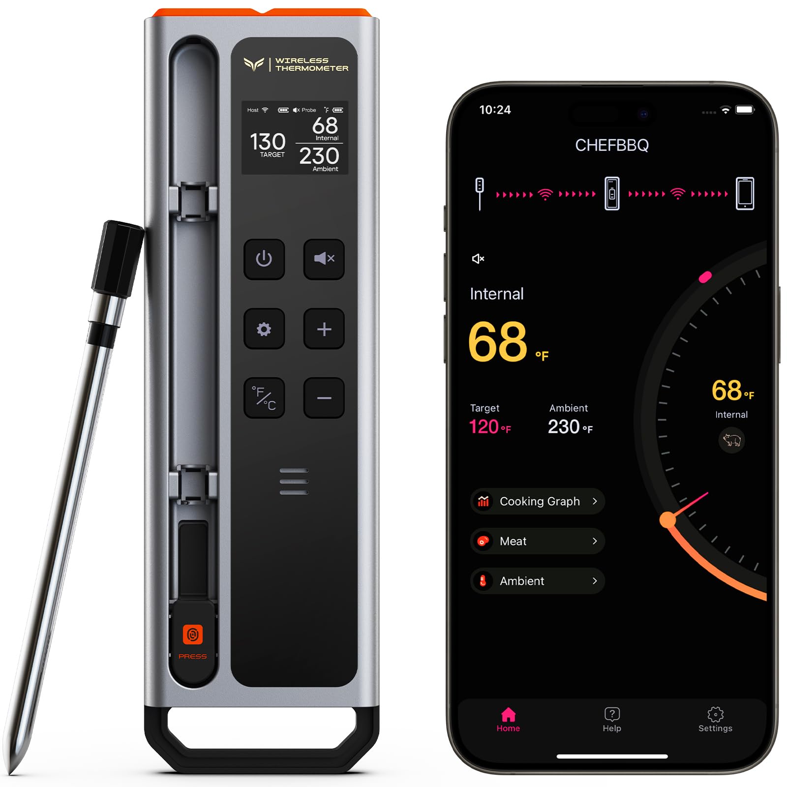 Wireless Meat Thermometer with 800FT Bluetooth Range - Digital Cooking Thermometer for Grill, Oven, Smoker, Air Fryer & Rotisserie - Remote Monitoring via iOS/Android App - Perfect for BBQ, Baking & Outdoor Cooking