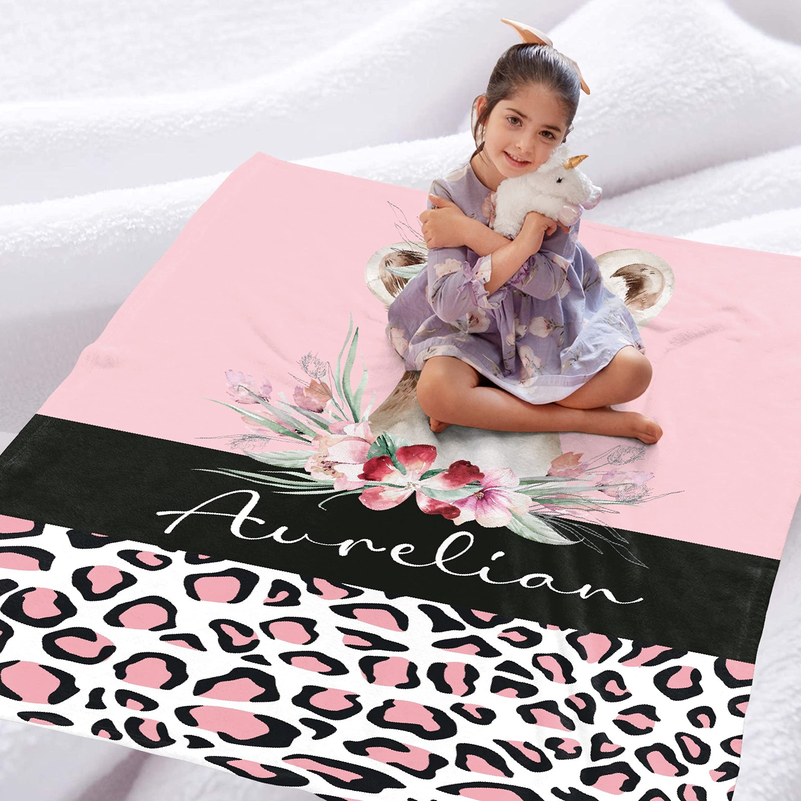 Personalized Baby Blanket with Name - Custom Leopard Lion Fleece Throw Blanket for Boys & Girls - Large 120
