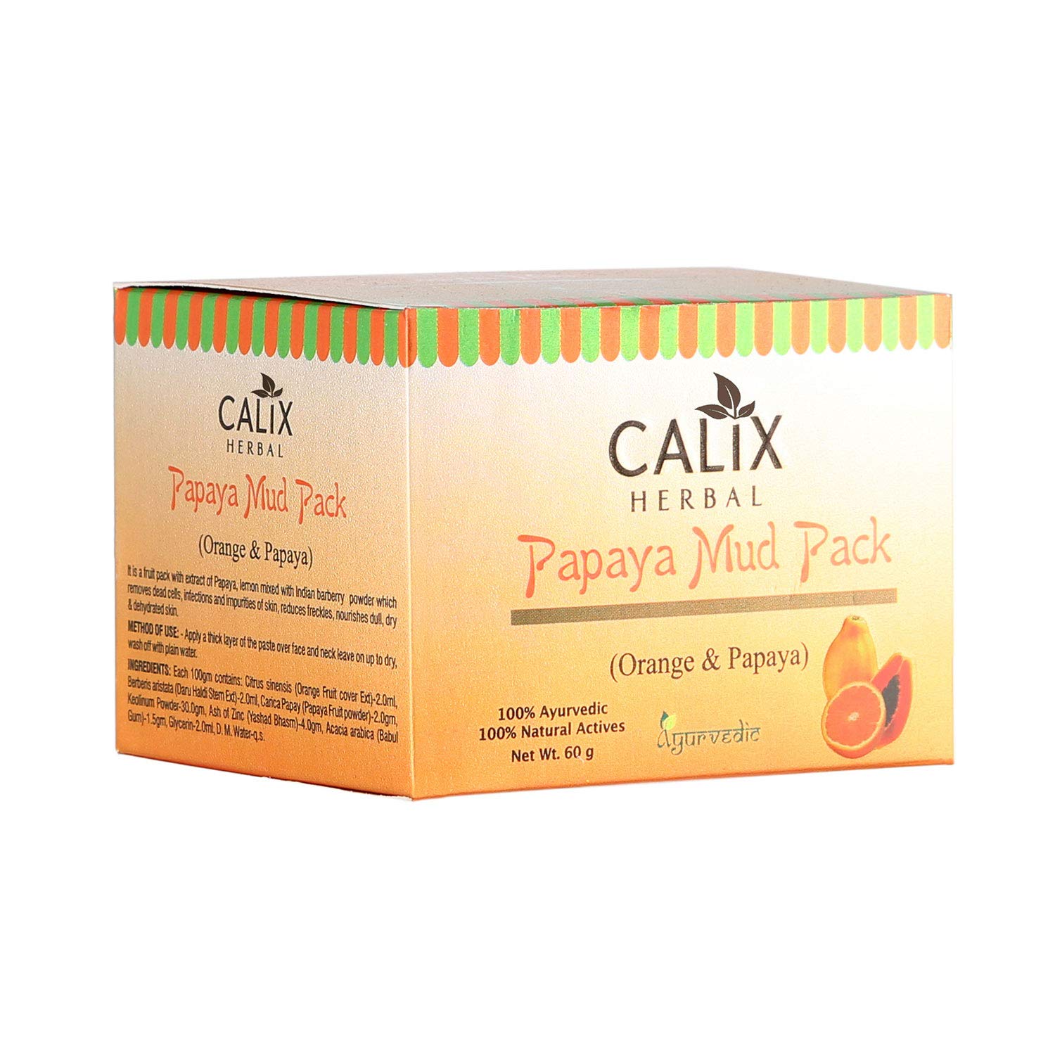 Calix Herbal Papaya Mud Mask - Exfoliating Face Scrub for Dead Skin Cells, Blemish & Pigmentation Treatment, 60g | Brightening Facial Care for Glowing Skin at Home Spa