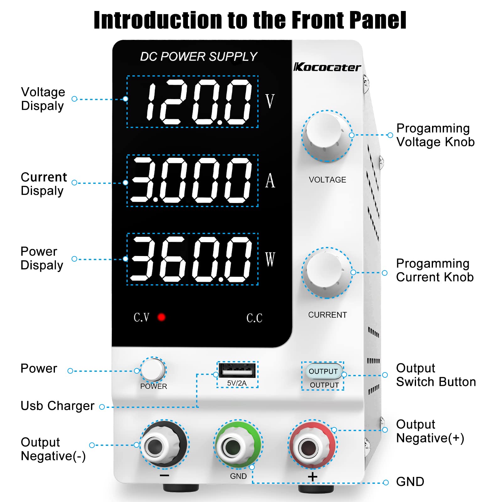 Adjustable DC Power Supply 120V 3A with Output Switch - Variable Regulated Bench Power Supply with 4-Digit LED Display, 5V/2A USB Port & Precision Encoder Knob - Perfect for Electronics Testing, DIY Projects & Lab Equipment Powering