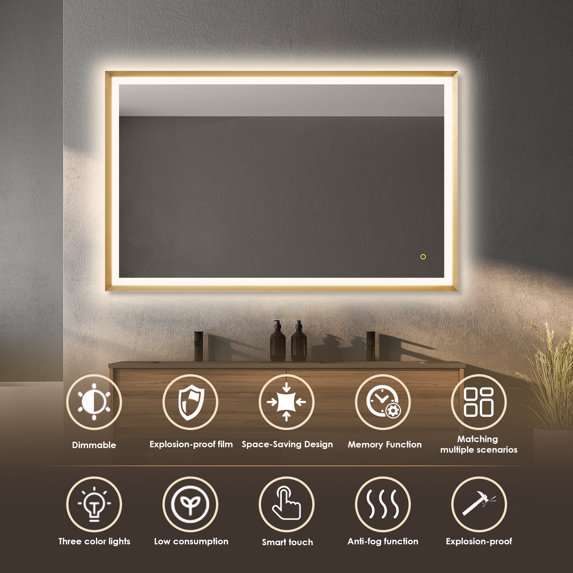 Apollo Rectangular Anti-Fog Dimmable LED Bathroom Mirror - Modern Vanity Wall Mirror with Aluminum Frame - Perfect for Makeup, Shaving & Home Decor