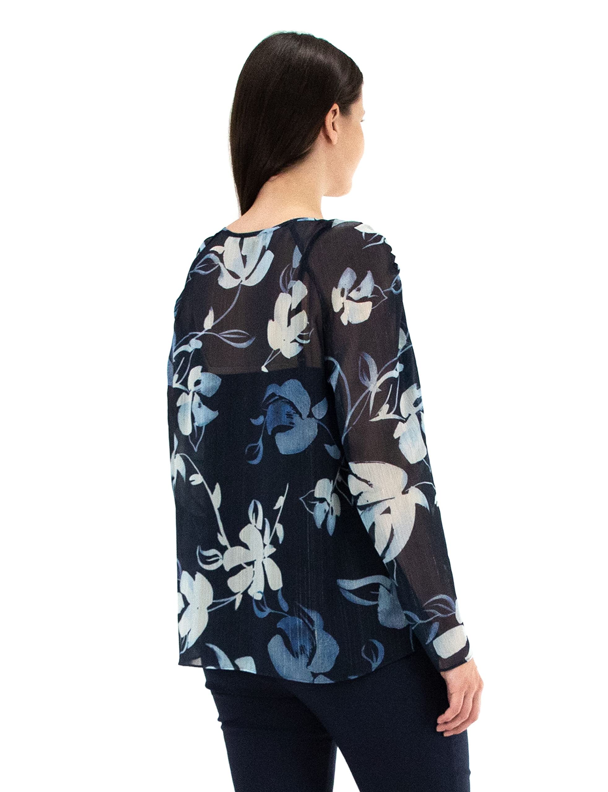 Zac & Rachel Women's Long Sleeve Printed Shadow Stripe Georgette Blouse with Lurex Thread - Elegant Office Wear & Evening Party Top