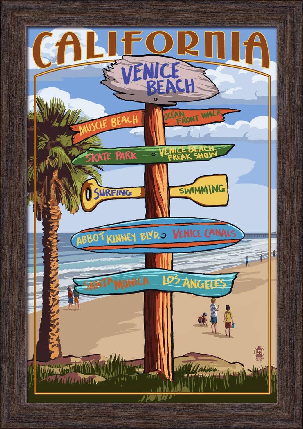 Venice Beach California Sign - 12x18 Giclee Fine Art Print with Recycled Wood Frame in Espresso Brown - Perfect for Coastal Home Decor & California Themed Gifts