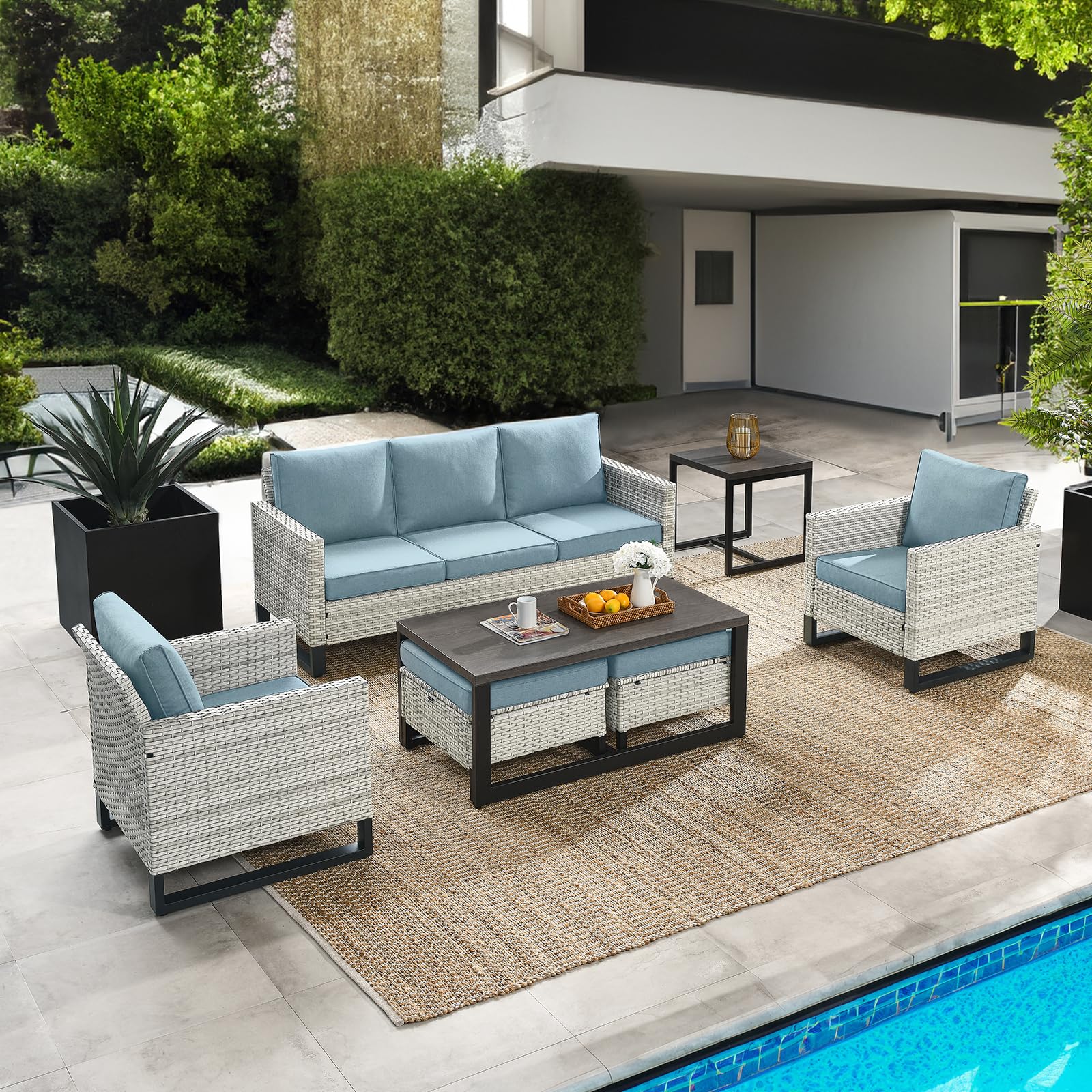 HUMMUH 7-Piece All-Weather Patio Set with Sofa, Coffee Table & Ottomans for Garden, Backyard & Outdoor Relaxation