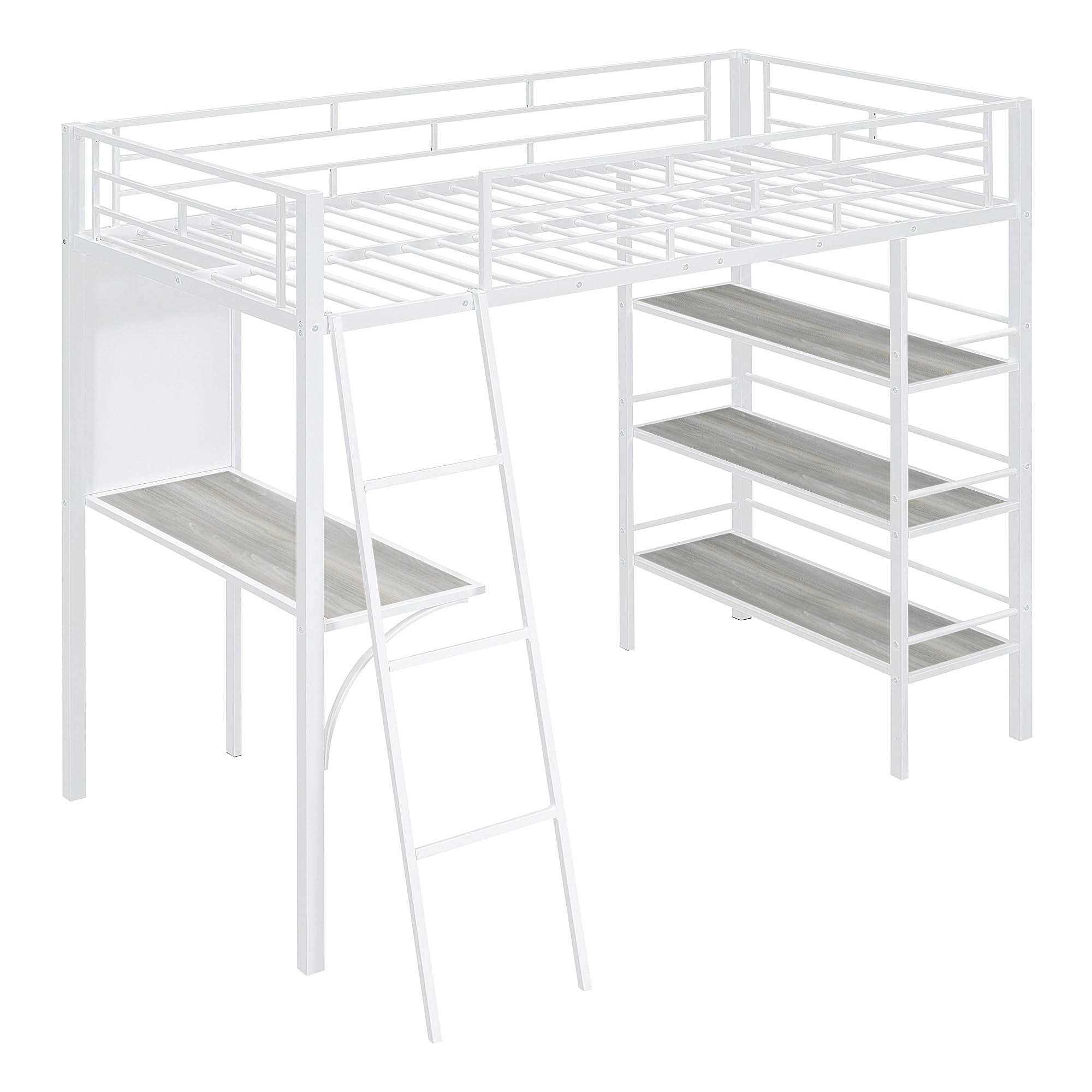 BOVZA Twin Size Loft Bed with Study Desk, Whiteboard & 3 Storage Shelves - Sturdy Metal Frame with Ladder & Safety Rails for Kids & Teens - Space-Saving Bedroom Solution for Small Rooms, Dorms & Apartments - White