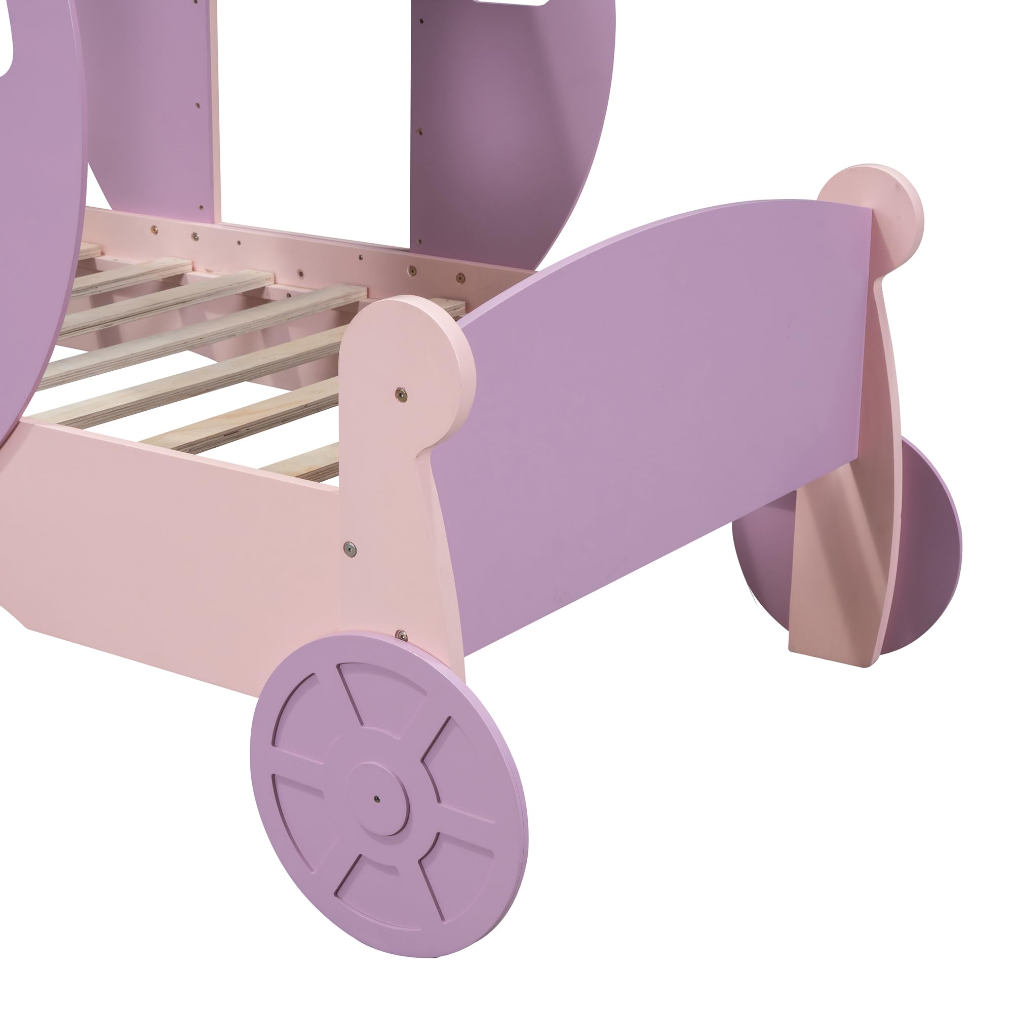 LZ LEISURE ZONE Twin Size Princess Carriage Bed with Crown - Wooden Twin Platform Bed Frame with Stairs in Purple & Pink - Perfect for Girls' Bedroom, Fairytale Theme Decor, and Kids' Fantasy Sleep Space