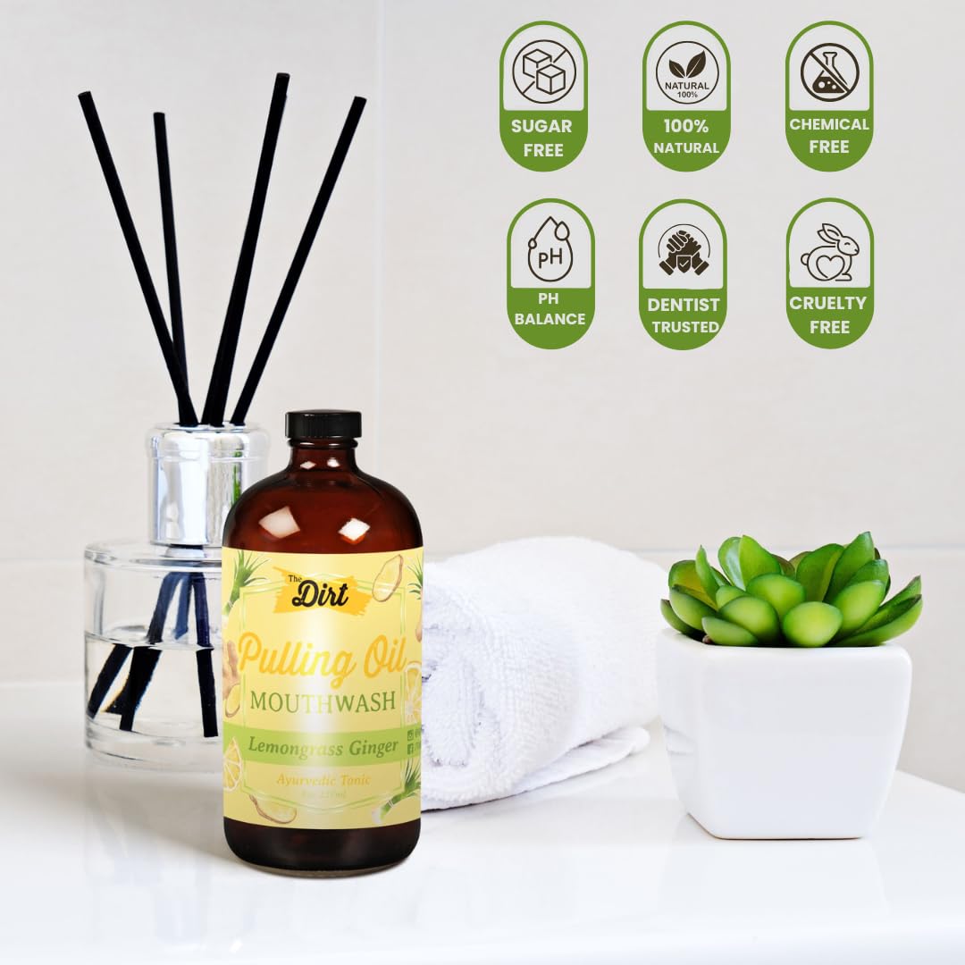 Organic Oil Pulling Mouthwash - Gluten Free, Vegan - Natural Plaque & Tartar Remover, Bad Breath Treatment & Teeth Whitening (Lemongrass & Ginger, 8oz) - Ayurvedic Oral Care for Fresh Breath & Healthy Gums