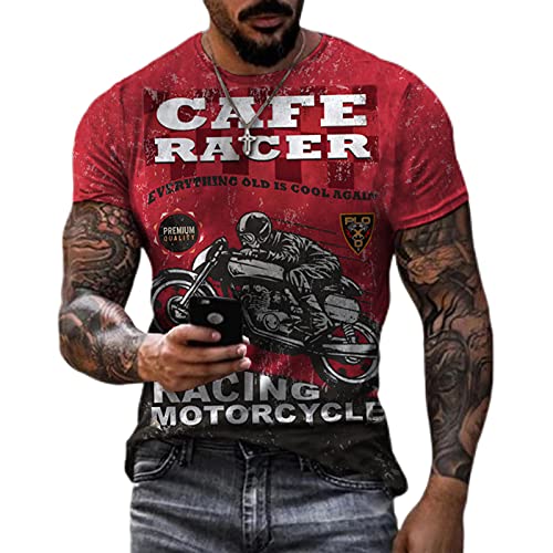 Vintage Biker Print Men's T-Shirts - Summer Casual Short Sleeve Crew Neck Tees for Motorcycle Riders & Retro Style Lovers