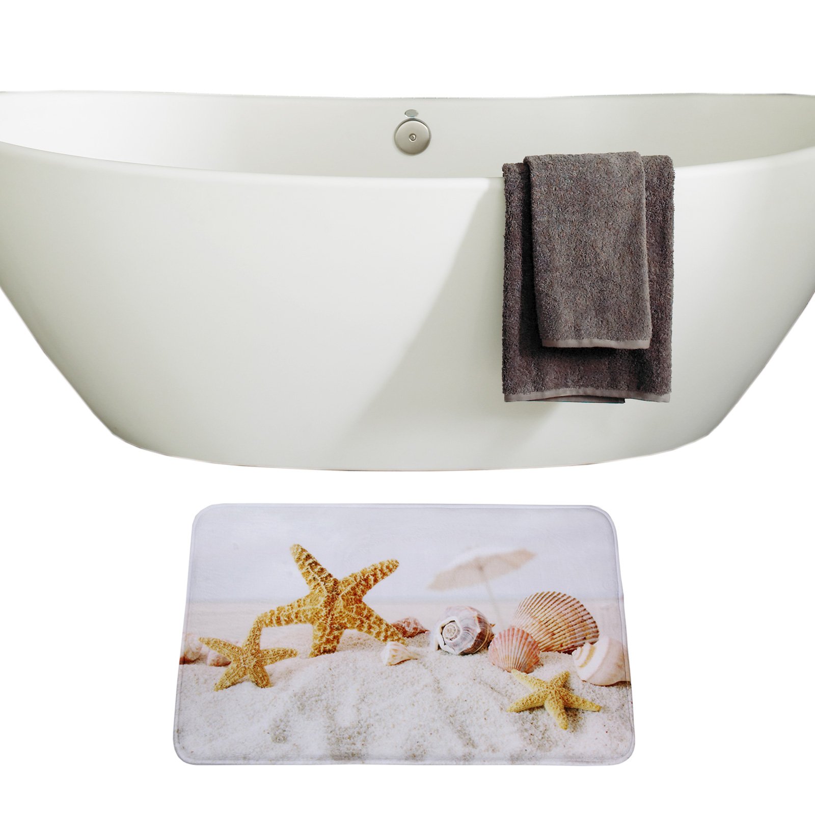 4PCS Non-Slip Yellow Starfish Seashell Shower Curtain Set with Bath Mat Rug - Coastal Ocean Beach Theme Bathroom Decor for Kids & Adults - Includes Pedestal Mat, Toilet Cover & 12 Hooks - Perfect for Beach House, Vacation Rental or Nautical Style Bathroom