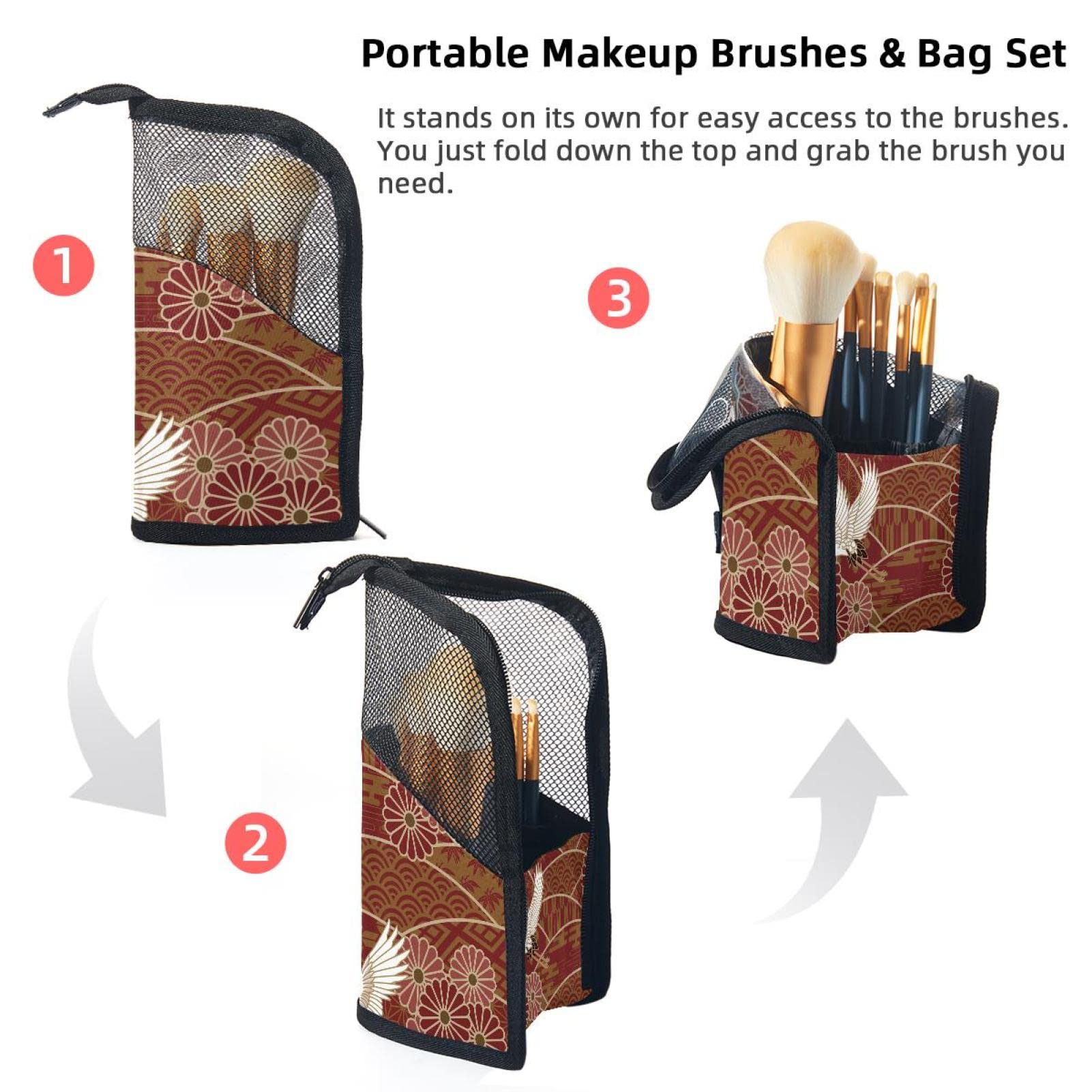 12-Piece Makeup Brush Organizer Bag with Floral Red Crane Design - Portable Travel Cosmetic Brush Holder Case for Professional Artists & Beginners - Perfect for Home, Travel, and Salon Use