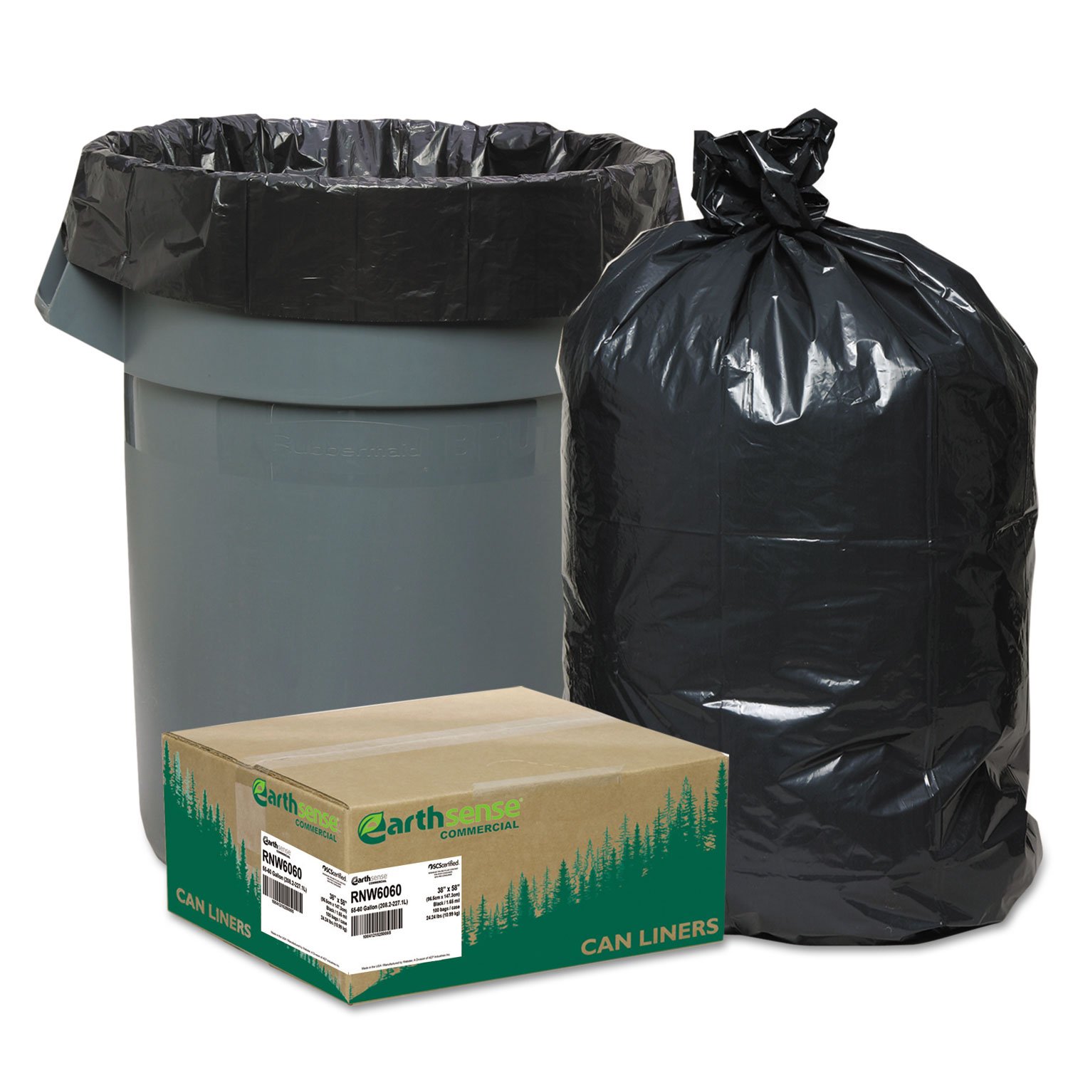 Earthsense RNW6060 Recycled Trash Bags 55-60 Gallon, 1.65 Mil Thick, 38 x 58 Inches, Black - 100 Count/Carton - Heavy Duty Garbage Bags for Kitchen, Office & Outdoor Waste Disposal