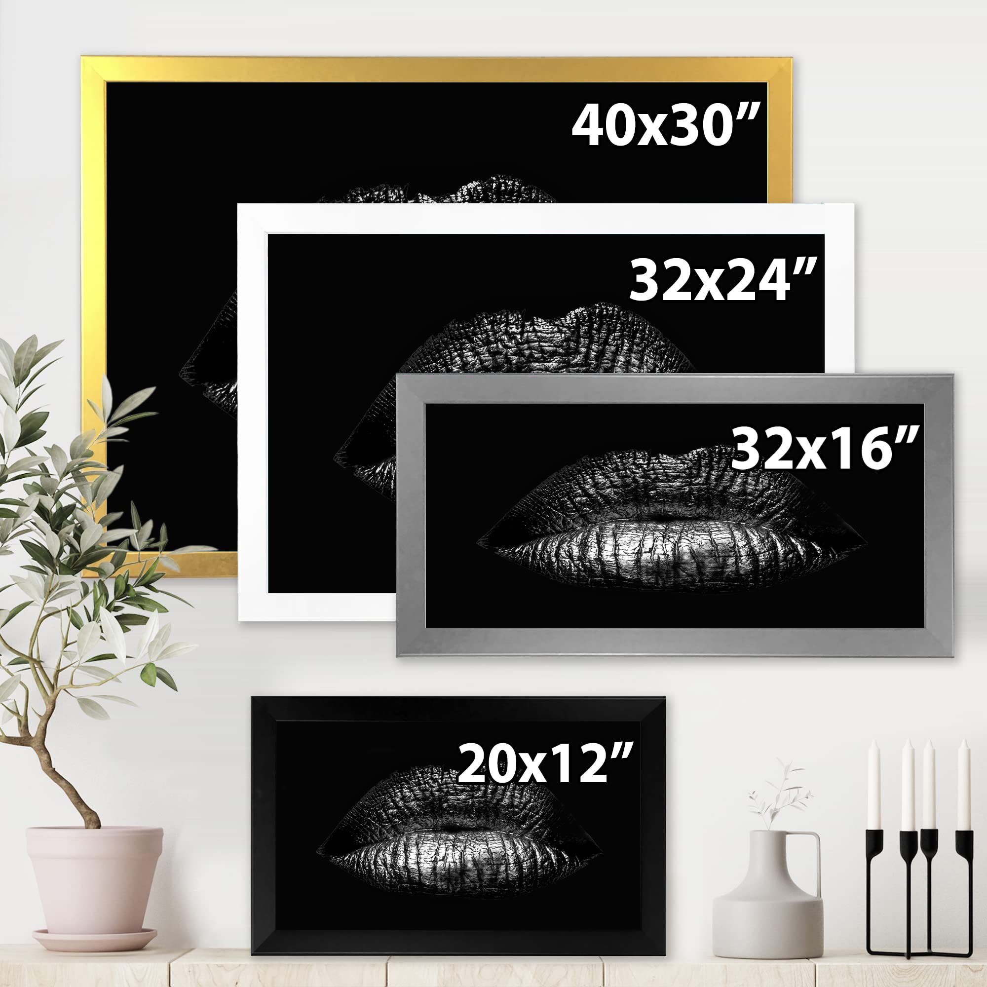 Golden Metallic Lips Wall Art - Modern Framed Female Lips Decor for Living Room, Bedroom & Office - Elegant Home Decor Gift Idea