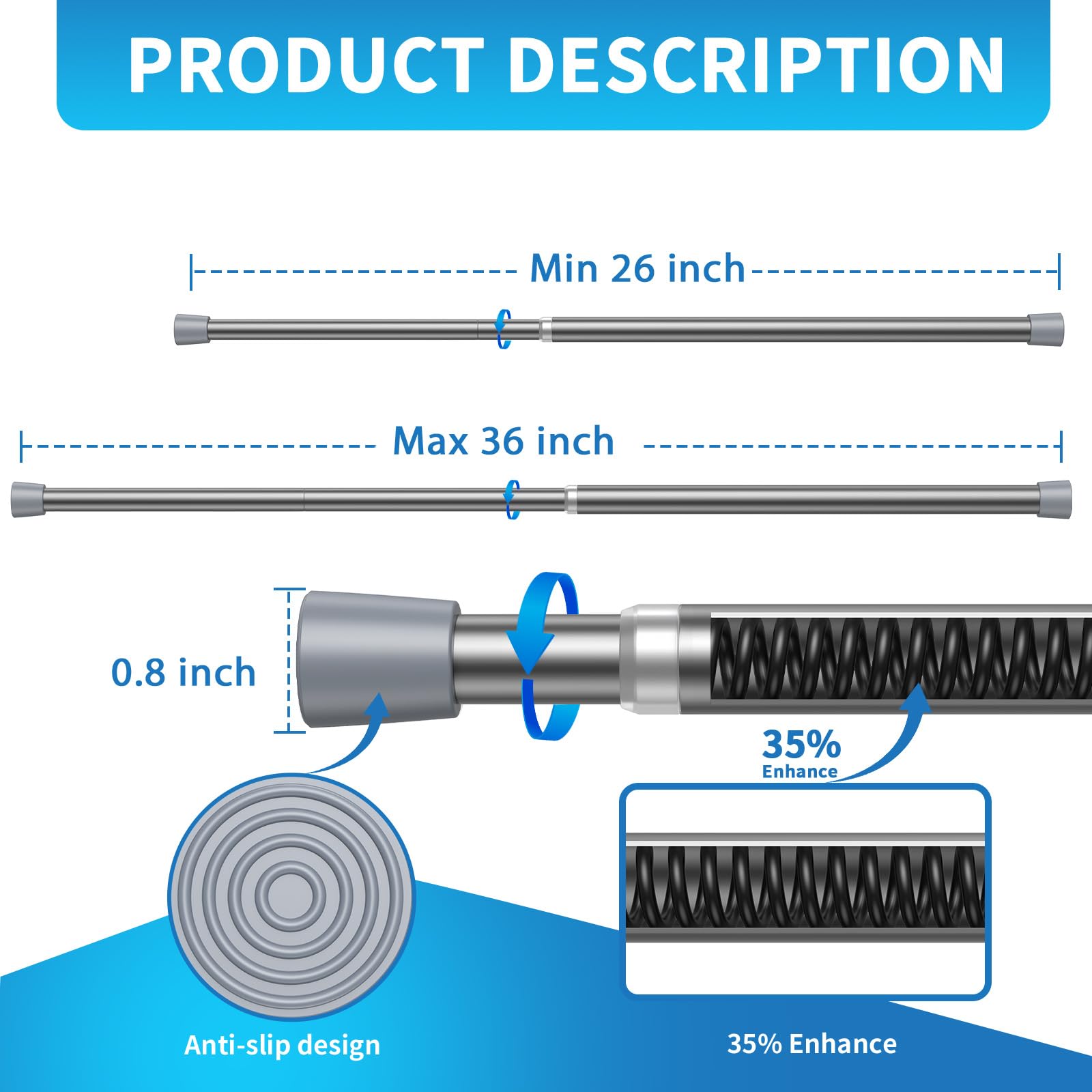 Adjustable Tension Curtain Rod 26-36 Inch - No Drill Expandable Spring Shower Rod for Windows, Bedroom, Doorway & Closet - Silver Finish for Easy Installation & Space Saving