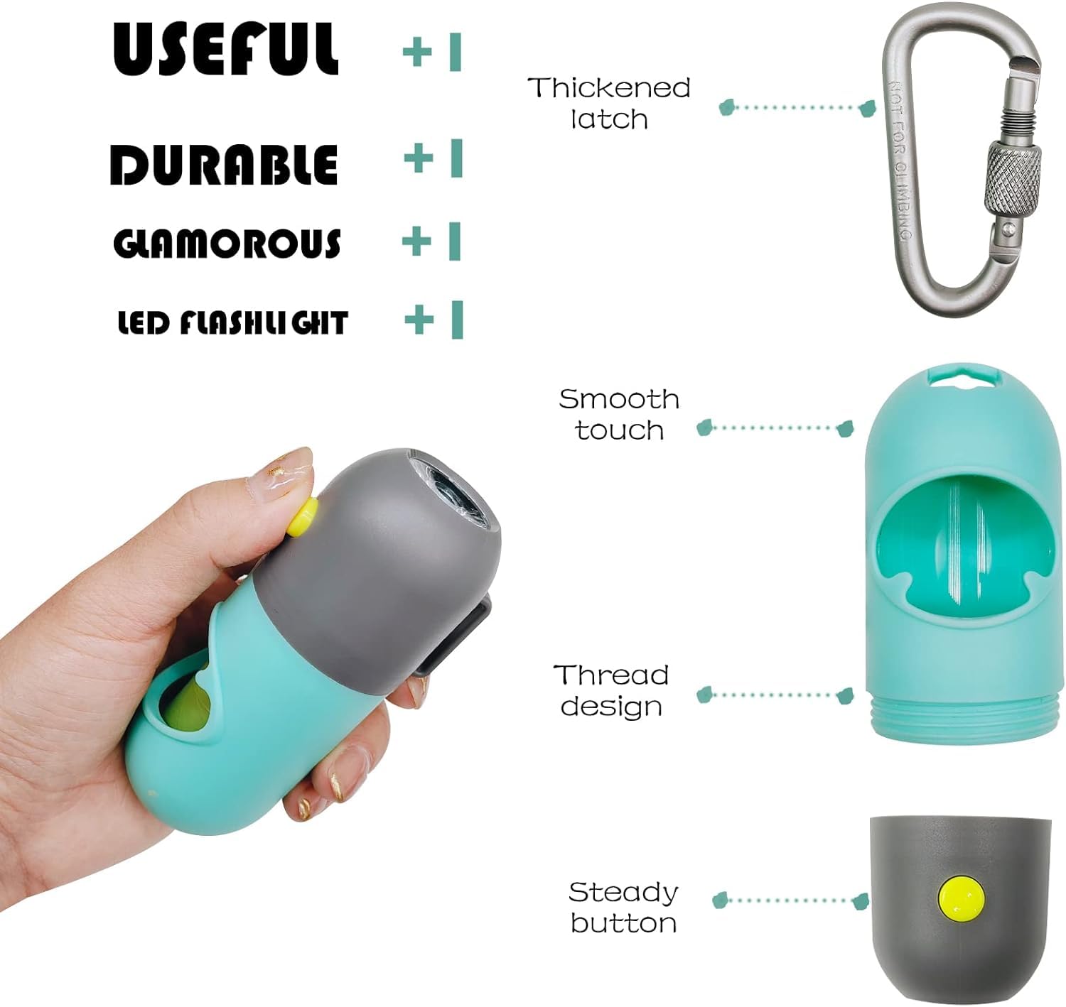 LED Flashlight Dog Poop Bag Holder Dispenser - Leash Attachment for Nighttime Dog Walking (Includes 15 Waste Bags, Green) - Perfect for Evening Walks, Park Visits & Outdoor Adventures