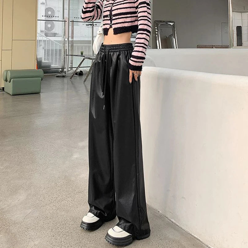 Women's Faux Leather PU Wide Leg High Waist Pants - Elastic Waistband with Lace Up Detail, Straight Leg Full Length Trousers for Autumn Winter Fashion | Perfect for Office Wear, Casual Outfits and Night Out