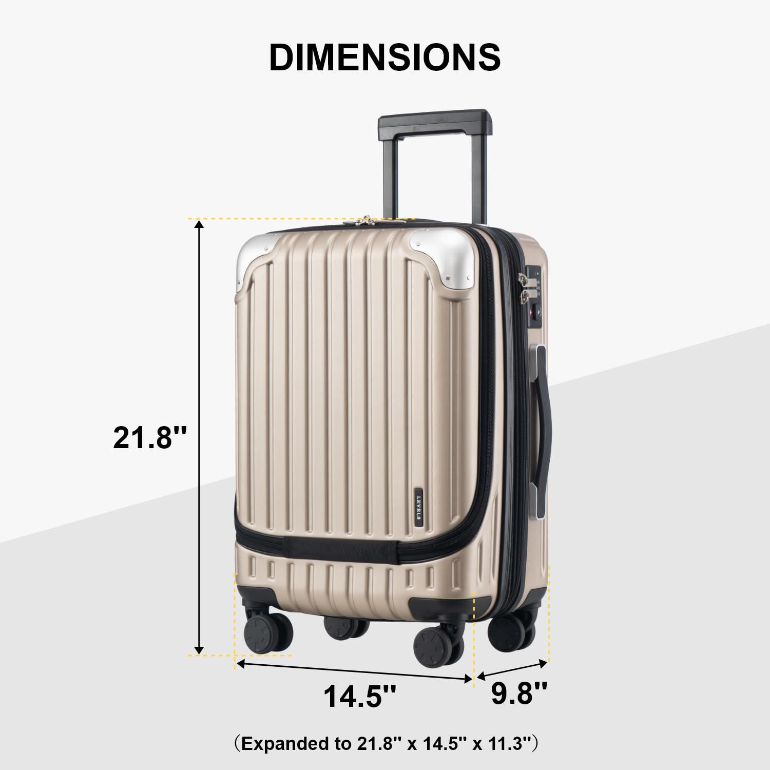 LEVEL8 20-Inch Expandable Hardshell Carry-On Luggage with 4 Spinner Wheels & TSA Locks - ABS+PC Lightweight Suitcase for Travel, Business Trips & Weekend Getaways (Champagne)