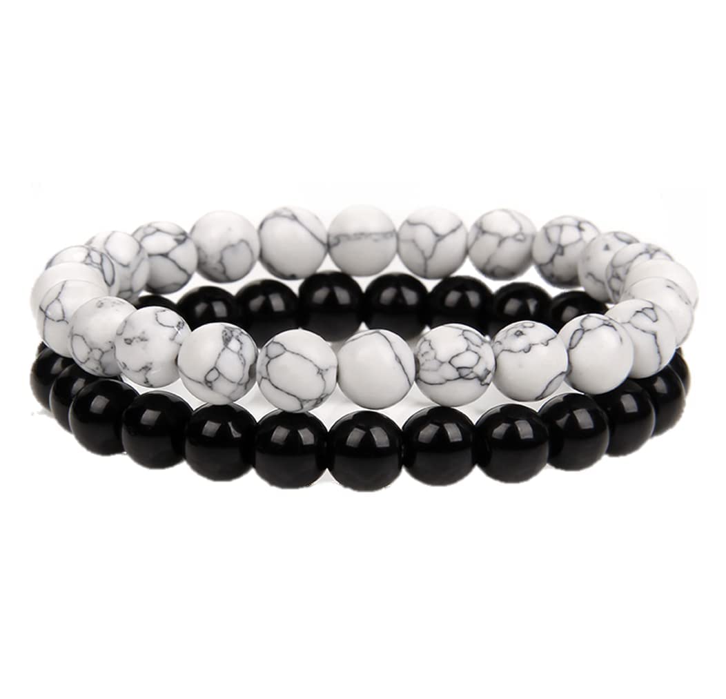 Outer Banks JJ Beads Bracelets Set - Black Onyx & White Turquoise Beaded Bracelet Collection (4 Sizes 17-23cm) for Women & Men | Beach Vacation, Boho Style, Gift Idea | By Fantasy World