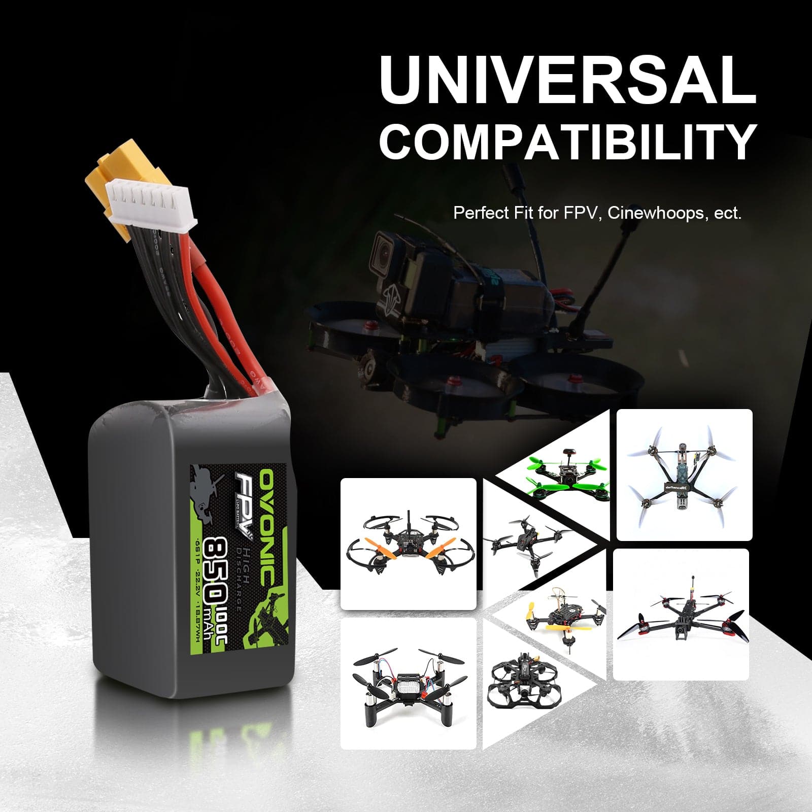 2 Pack Ovonic 100C 6S 850mAh 22.2V Lipo Battery with XT60 Plug - High Performance RC Battery for FPV Drones, RC Cars, and Airplanes - Perfect for Racing, Freestyle Flying, and Long Flight Time