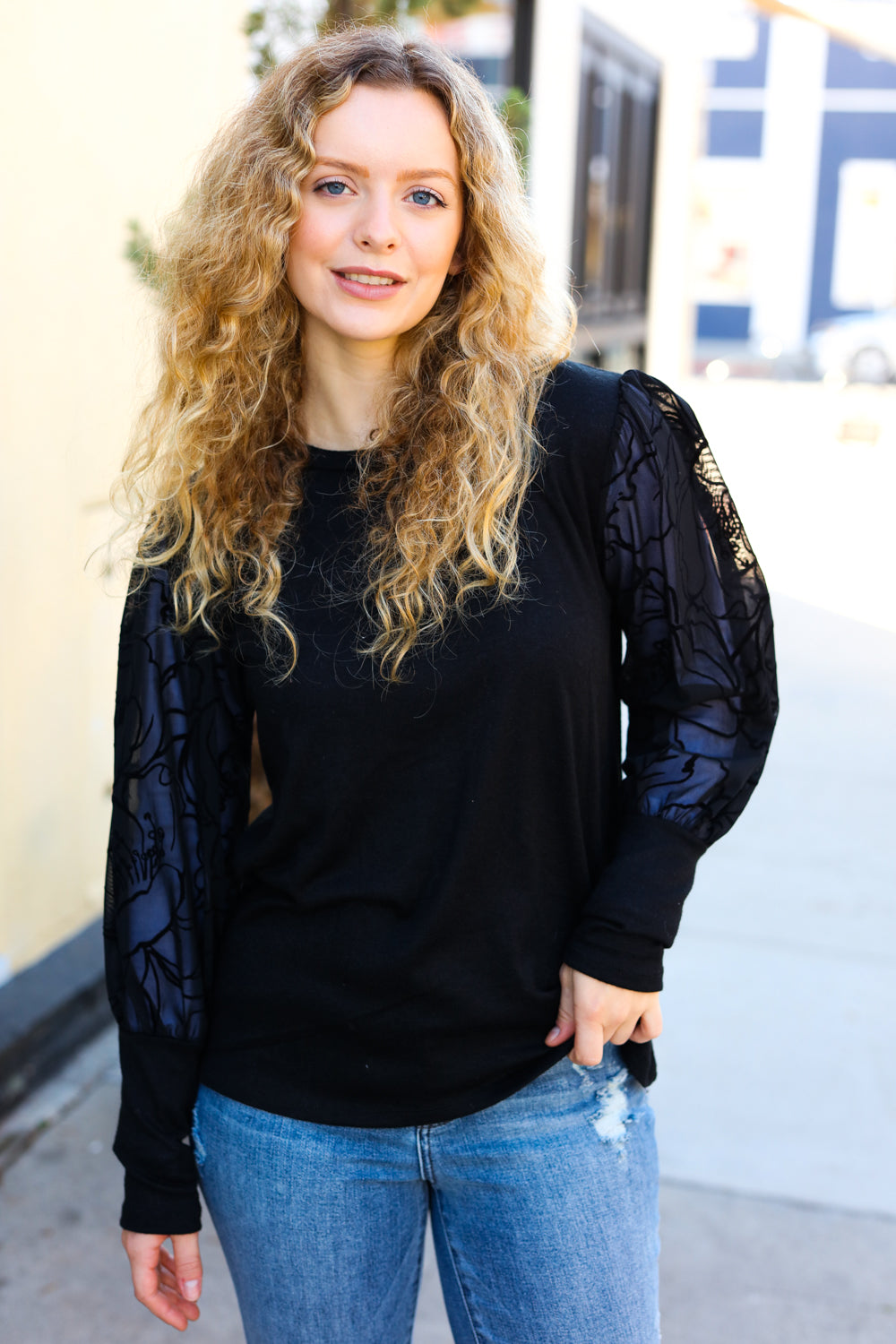 Black Floral Mesh Bubble Sleeve Top for Women - Elegant Blouse for Party, Date Night & Special Occasions