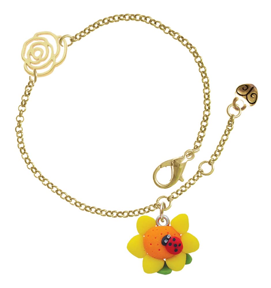 Delight Jewelry Fimo Clay Sunflower with Ladybug Charm Bracelet - Gold-tone Rose Link, Adjustable 6.25