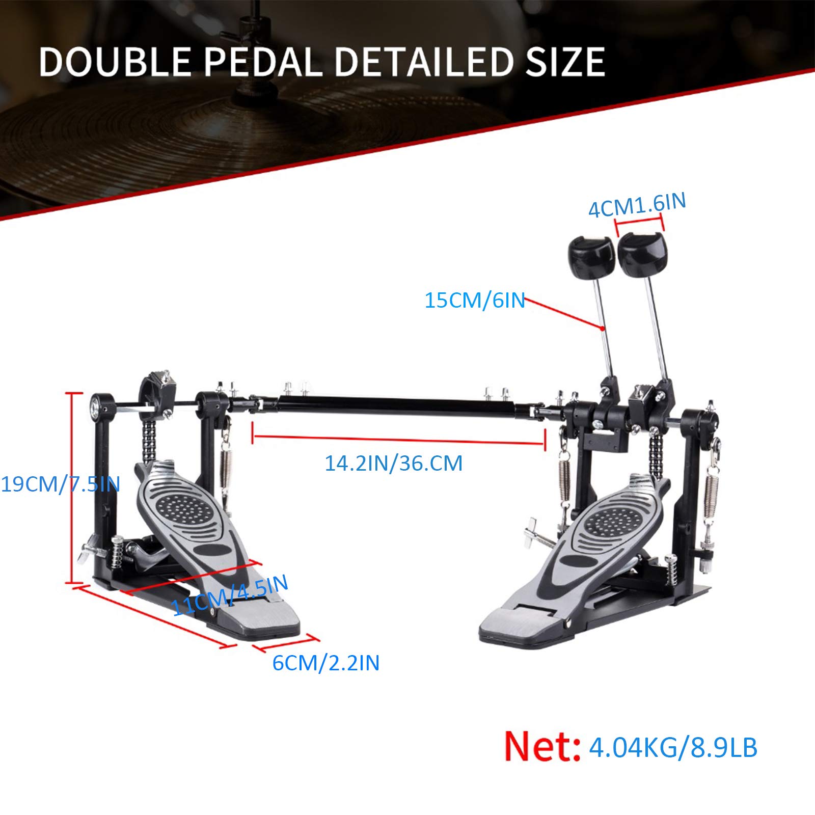 Double Bass Drum Pedal for Electric Drum Kit - Heavy Duty Double Kick Bass Pedal with 2 Drum Beater Sticks & Drum Key - Perfect for Metal, Rock & Studio Drumming