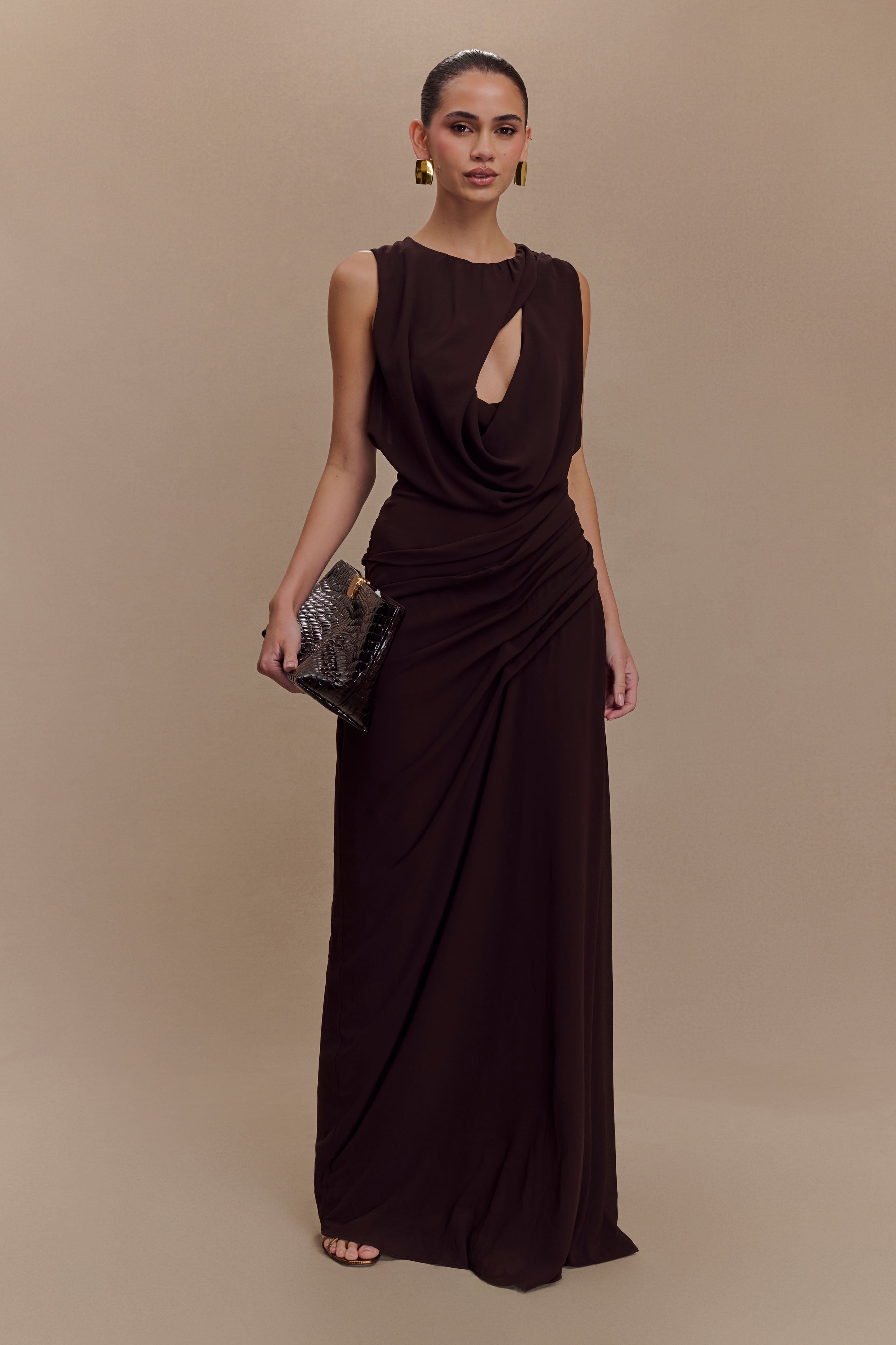 Oria Flowy Chiffon Maxi Dress in Cacao Brown - Elegant & Comfortable for Weddings, Parties & Summer Outfits