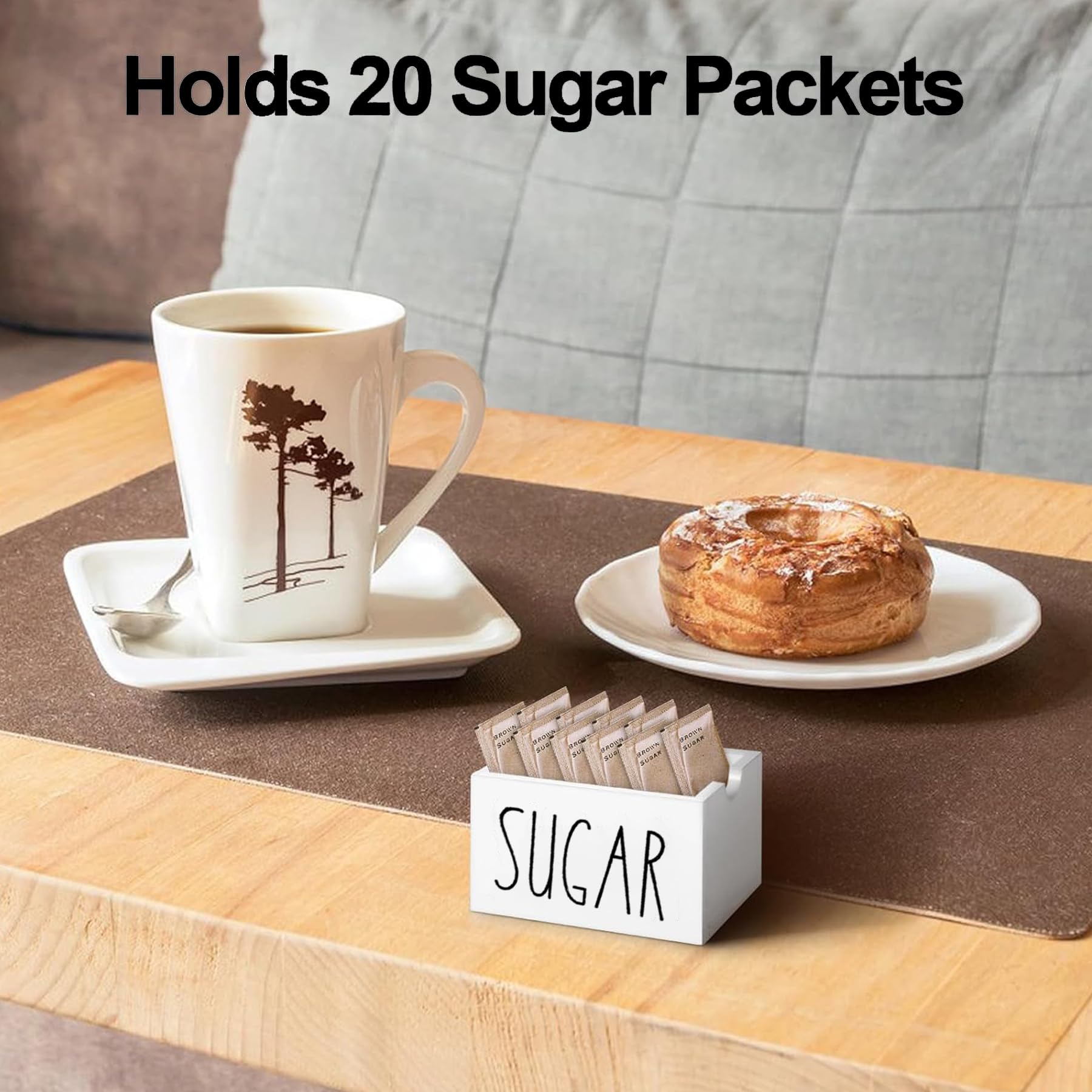 Wooden Sugar Packet Holder & Dispenser - Coffee Bar Sugar Packets Caddy for Table, Office, Hotel, Restaurant - White - Perfect for Coffee Stations, Breakfast Nooks, and Hospitality Settings