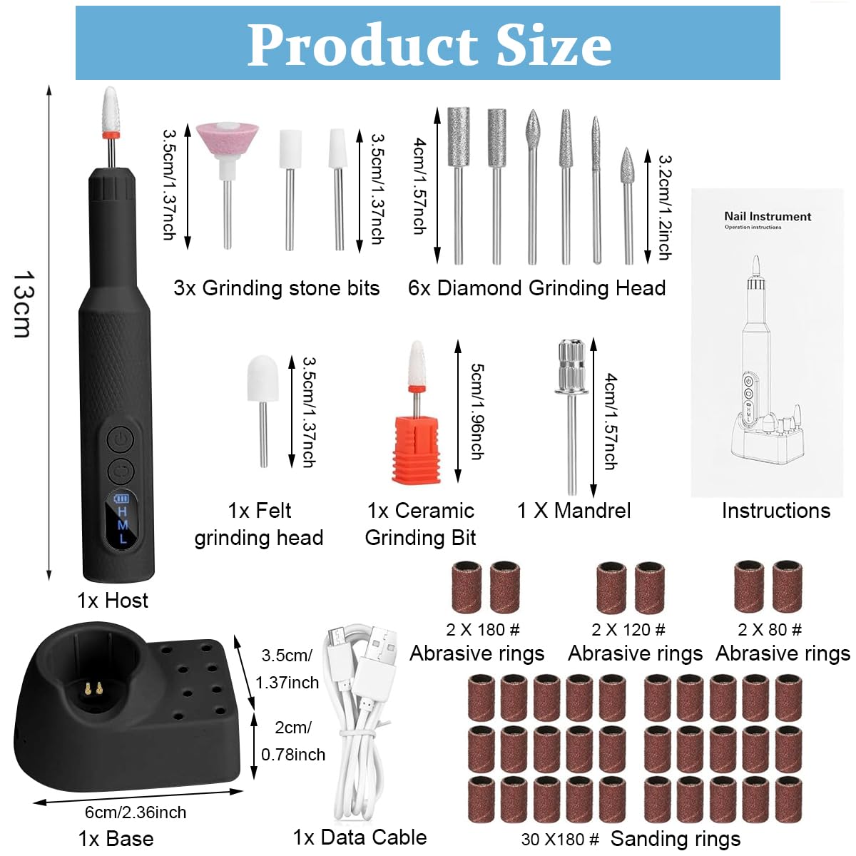 MAYCREATE® Professional Cordless Nail Drill Machine with 6 Drill Bits - Adjustable Speed Electric Nail File for Gel Polish, Acrylic Nails & Nail Extensions - Portable Manicure Pedicure Kit for Home & Salon Use