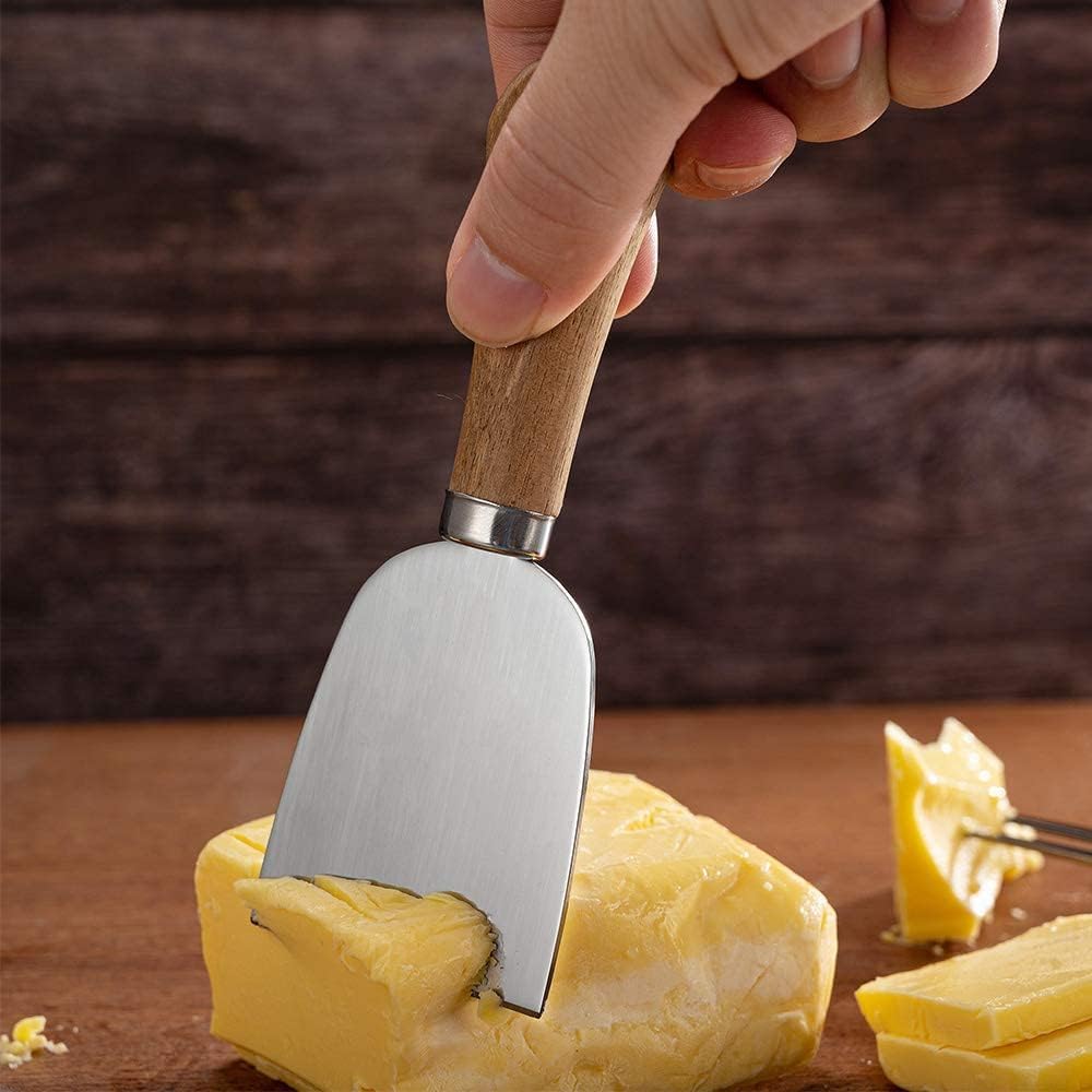 Premium Stainless Steel Cheese Knives Set with Wooden Handle - 6-Piece Charcuterie Board Accessories Kit Includes Mini Cheese Knives, Serving Tongs, Spoons, Forks & Toothpick Flags - Perfect for Party, Wedding, Christmas Cheese Platters & Charcuterie Boards