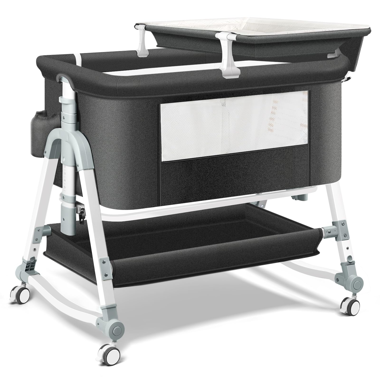 4 in 1 Portable Baby Bassinet with Wheels - Foldable Travel Crib with Changing Station, Mattress & Storage - Ideal for Newborns & Infants - Perfect for Nursery, Bedside Sleeping & Travel - Black