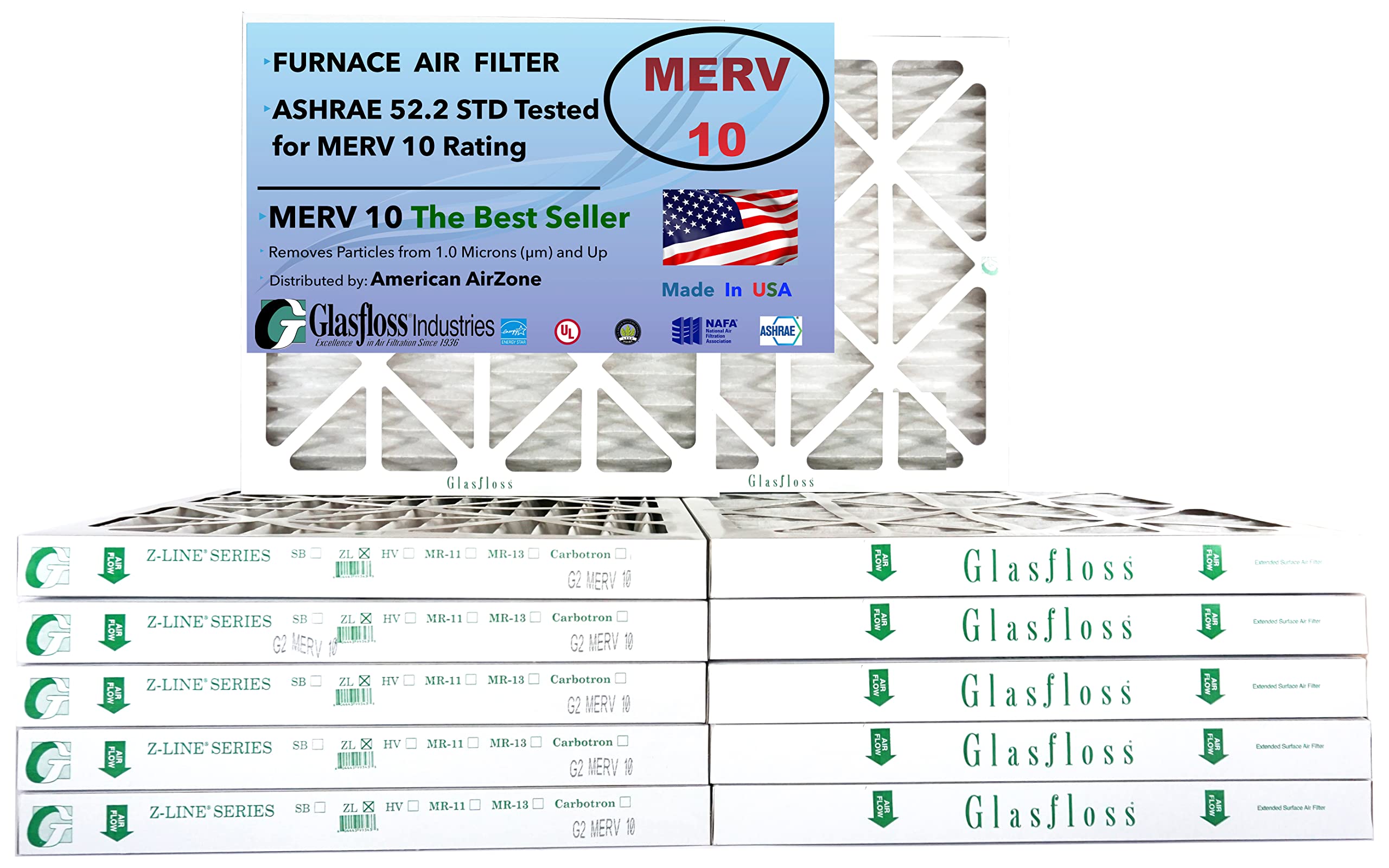 Glasfloss 16x16x2 MERV 10 Pleated Air Filter - 12 Pack - Furnace & AC Air Filter - Made in USA (Actual Size 15.5x15.5x1.75 Inches) - Perfect for Home HVAC Systems, Air Purifiers & Ventilation