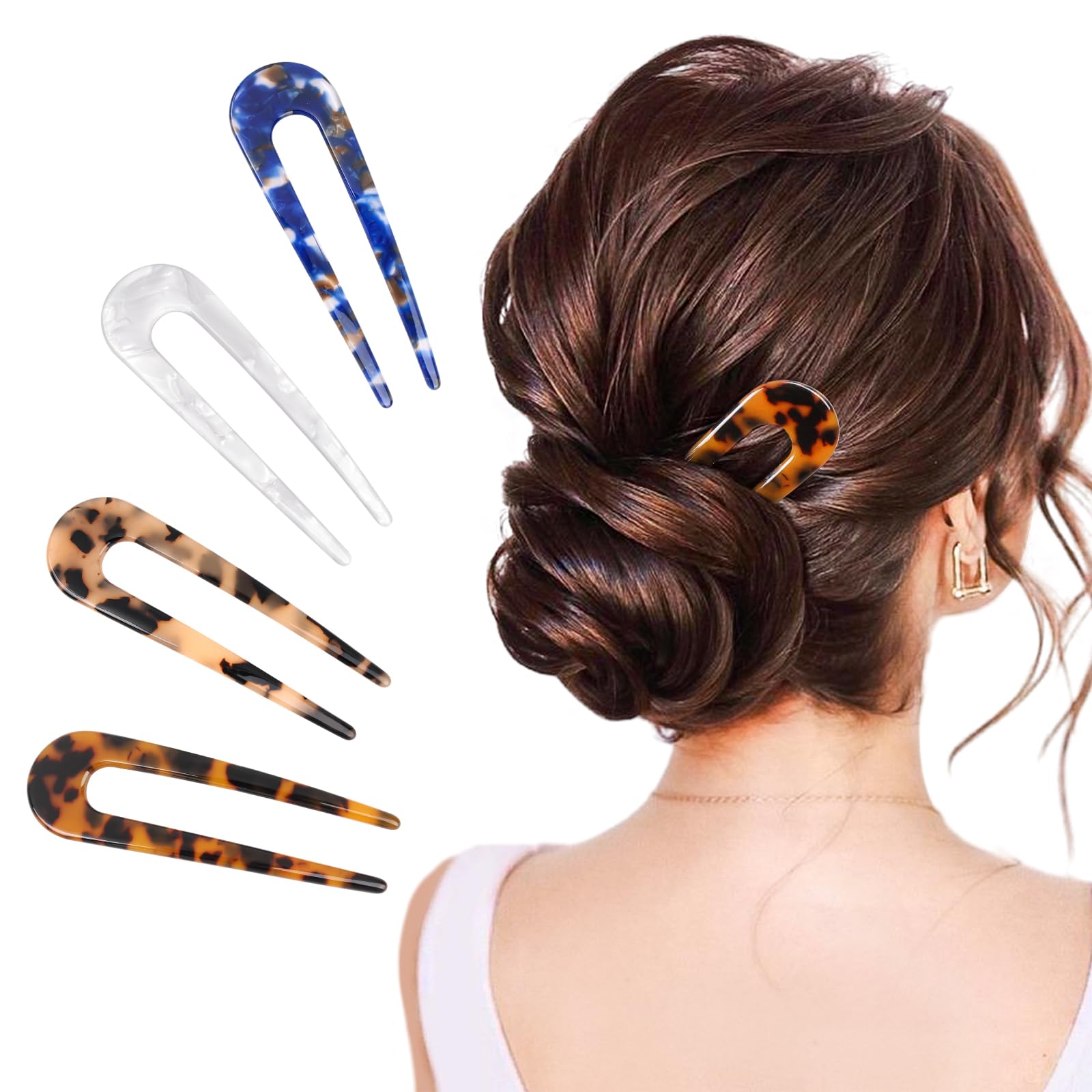 4Pcs French Hair Forks - U Shaped Hair Pins Clips for Women, 3.86 Inch Vintage Hair Accessories, Classic Cellulose Acetate Hair Sticks - Perfect for Updos, Braids & Boho Hairstyles